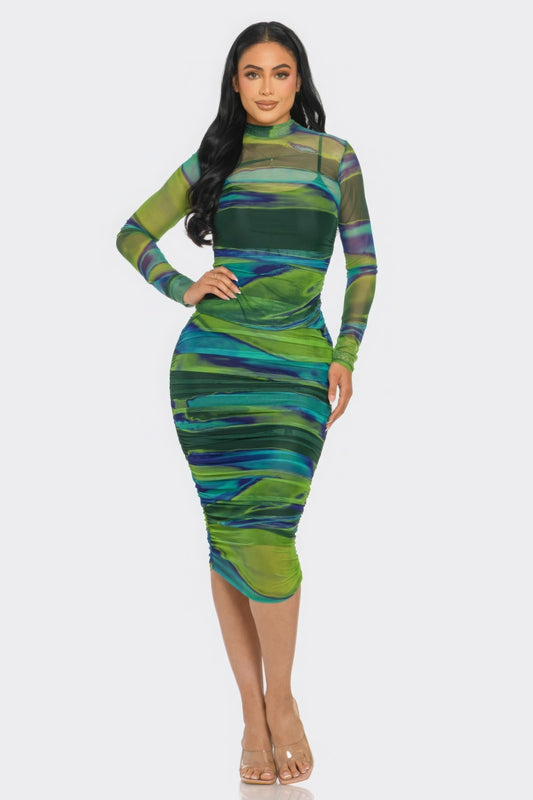 Glitch Print Mesh Ruched Midi Dress - ThingsWeUseAndLove 