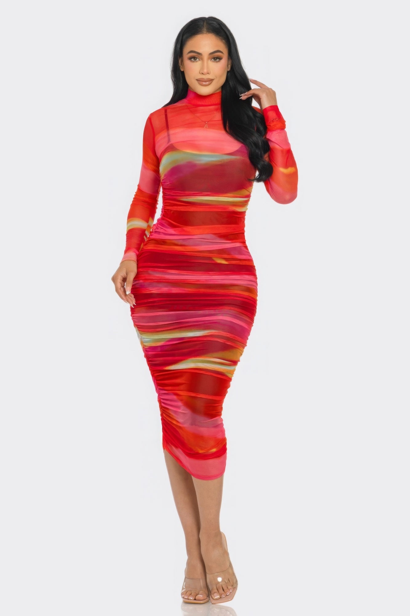 Glitch Print Mesh Ruched Midi Dress - ThingsWeUseAndLove 