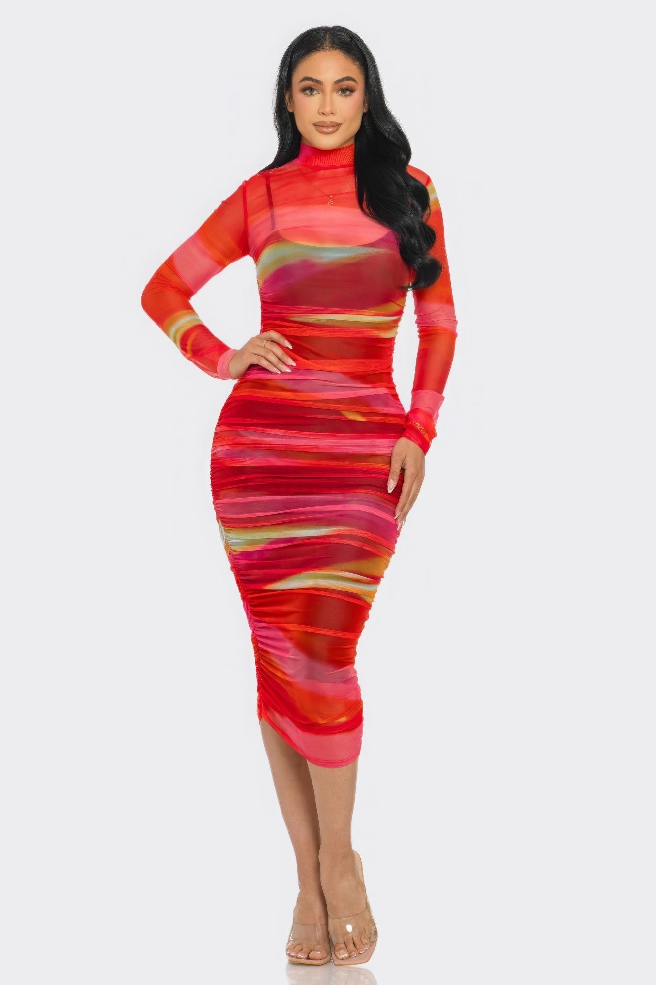 Glitch Print Mesh Ruched Midi Dress - ThingsWeUseAndLove 