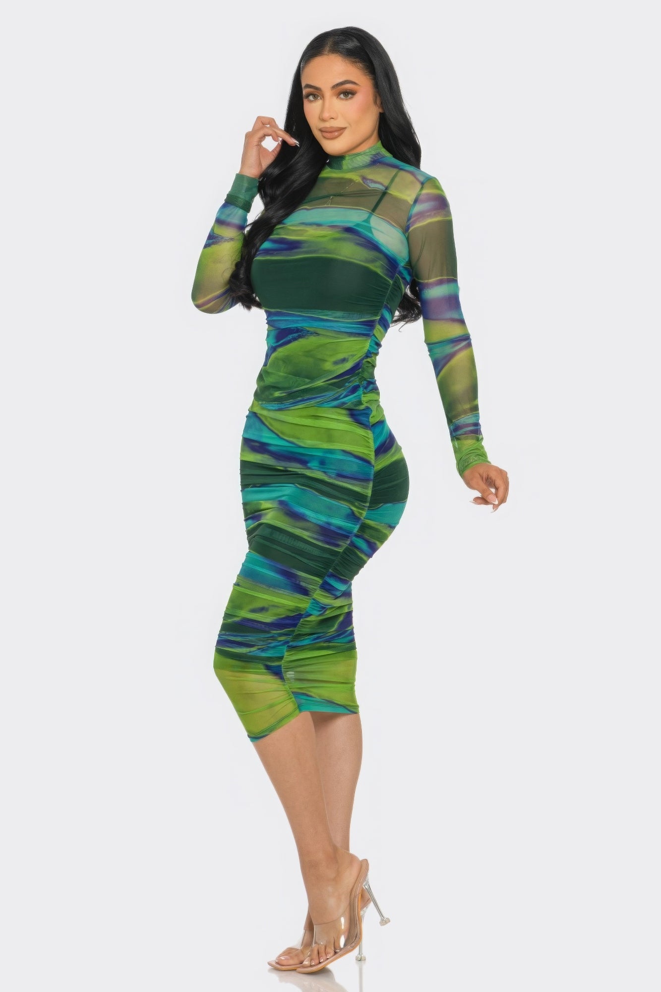 Glitch Print Mesh Ruched Midi Dress - ThingsWeUseAndLove 