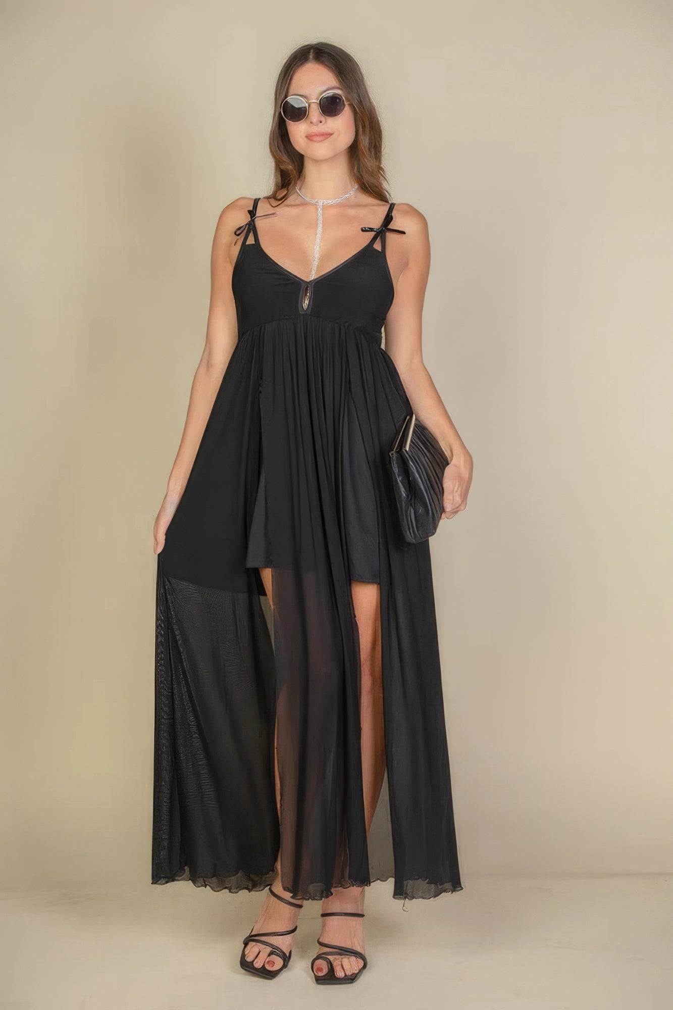 Plunge Neck Split Thigh Mesh Maxi Dress - ThingsWeUseAndLove 