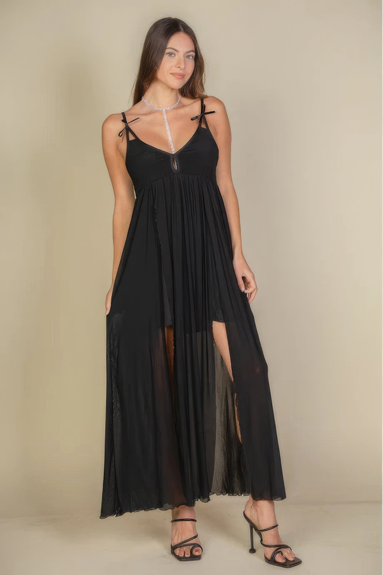 Plunge Neck Split Thigh Mesh Maxi Dress - ThingsWeUseAndLove 