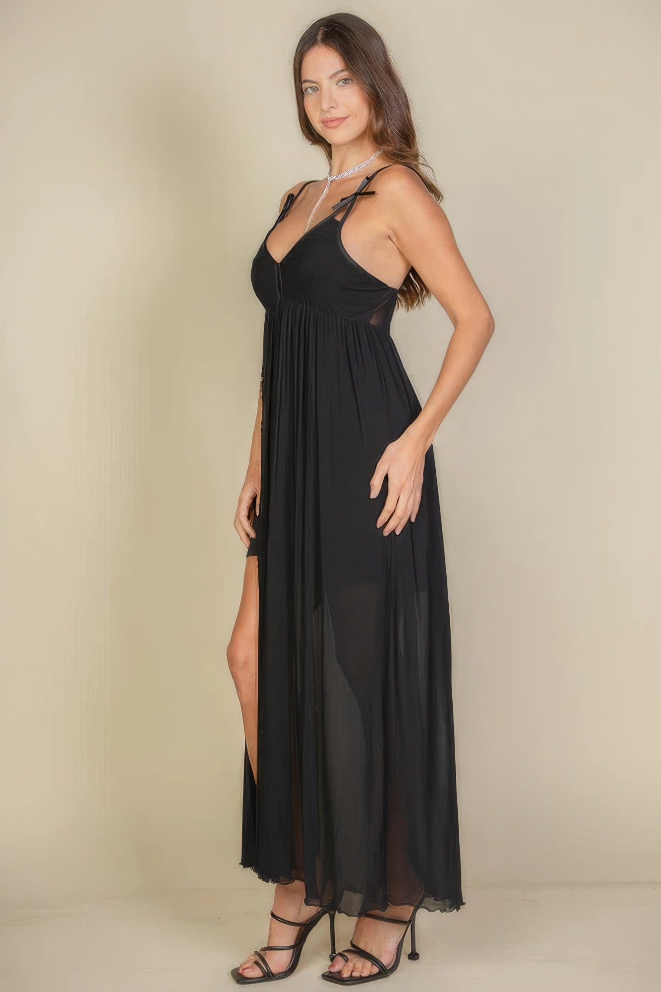 Plunge Neck Split Thigh Mesh Maxi Dress - ThingsWeUseAndLove 