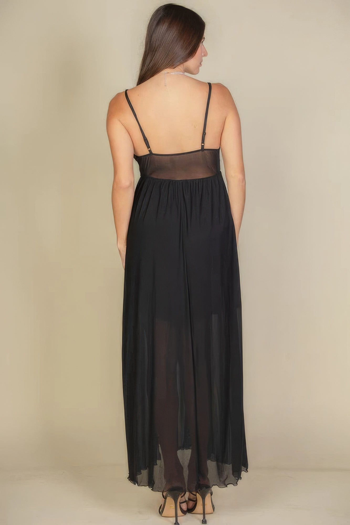 Plunge Neck Split Thigh Mesh Maxi Dress - ThingsWeUseAndLove 