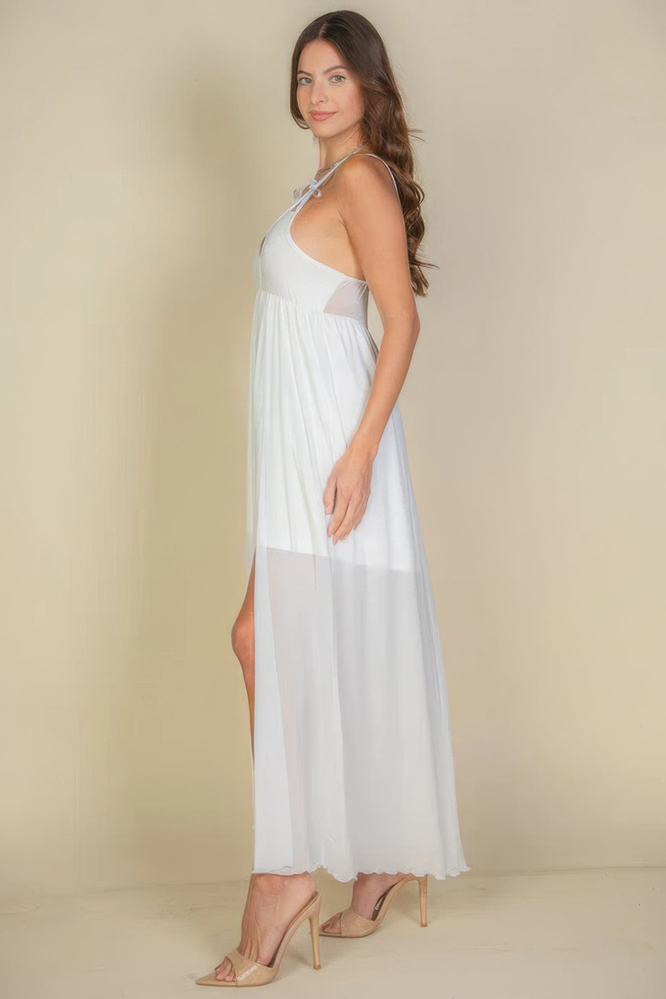 Plunge Neck Split Thigh Mesh Maxi Dress - ThingsWeUseAndLove 