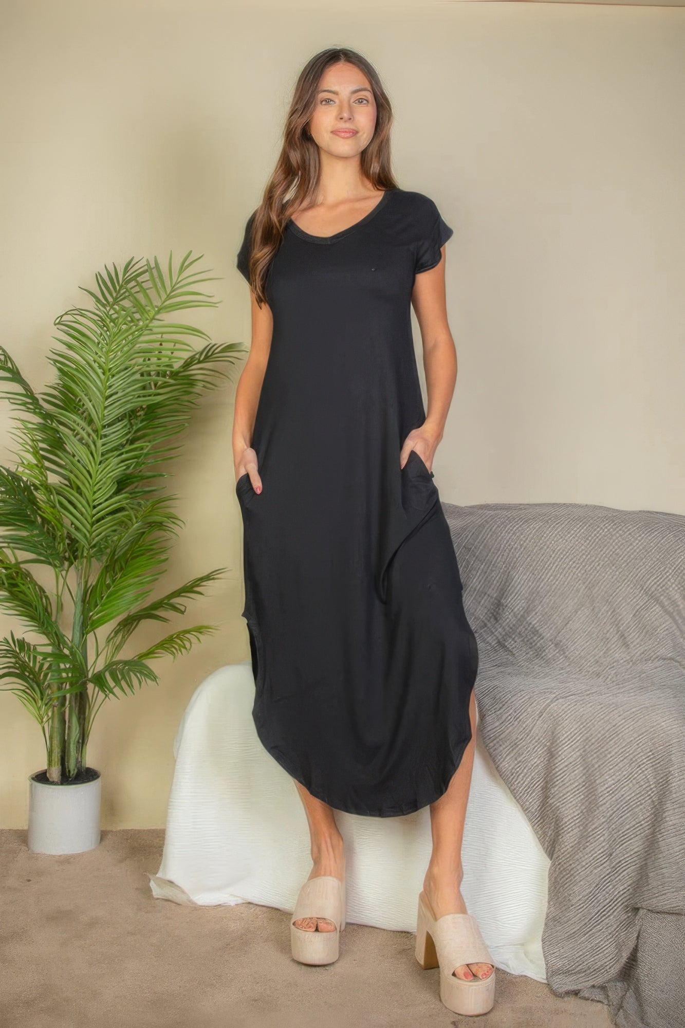 Hidden Pocket Batwing Sleeve V Neck Long Dress - ThingsWeUseAndLove 