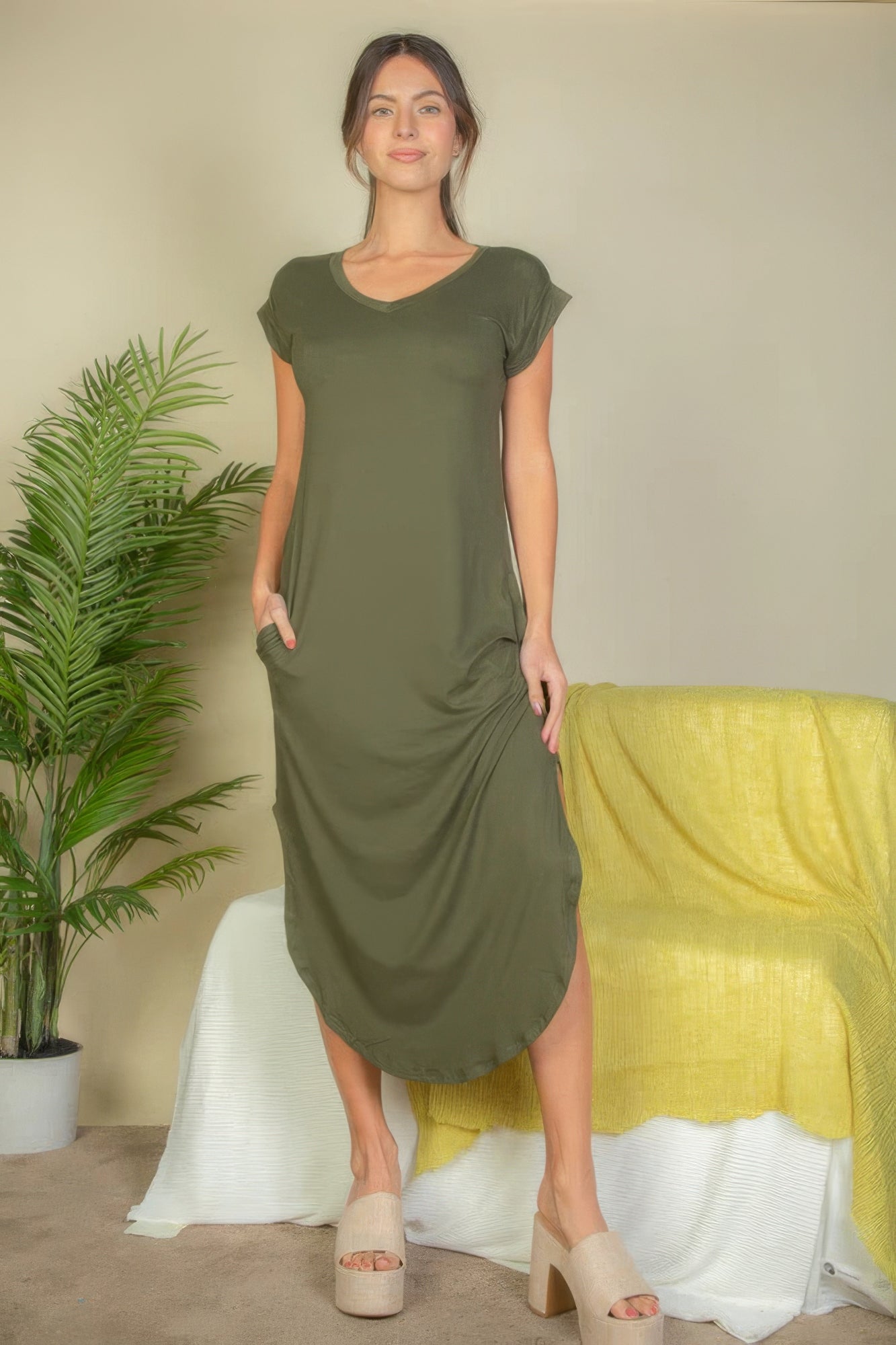 Hidden Pocket Batwing Sleeve V Neck Long Dress - ThingsWeUseAndLove 