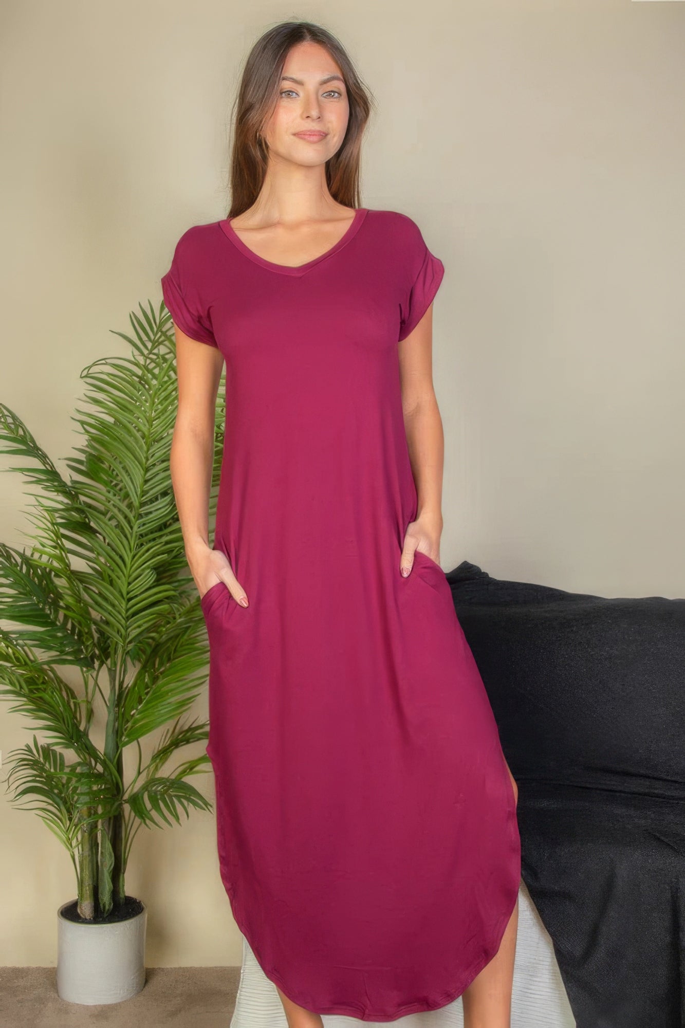 Hidden Pocket Batwing Sleeve V Neck Long Dress - ThingsWeUseAndLove 
