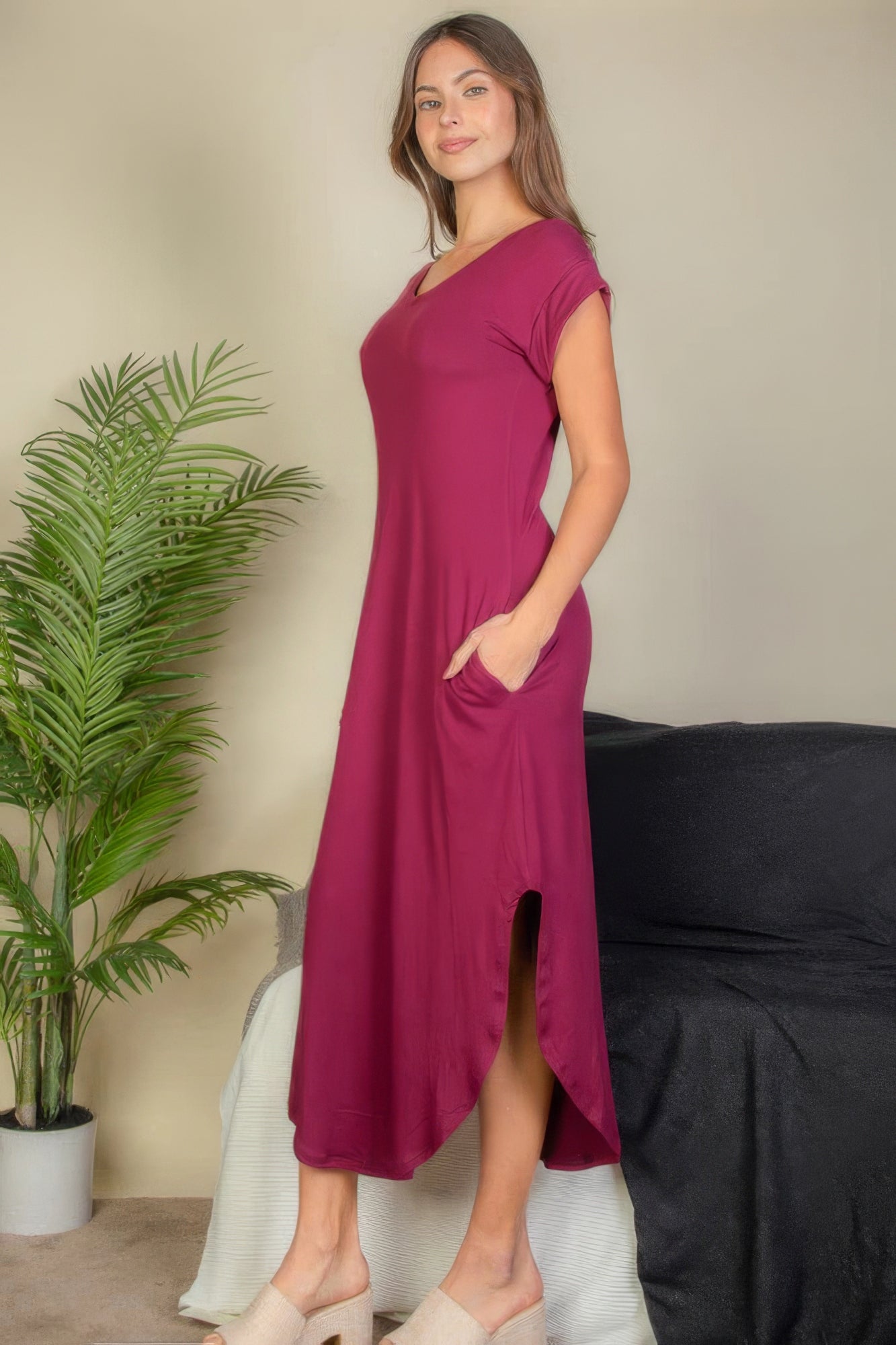 Hidden Pocket Batwing Sleeve V Neck Long Dress - ThingsWeUseAndLove 