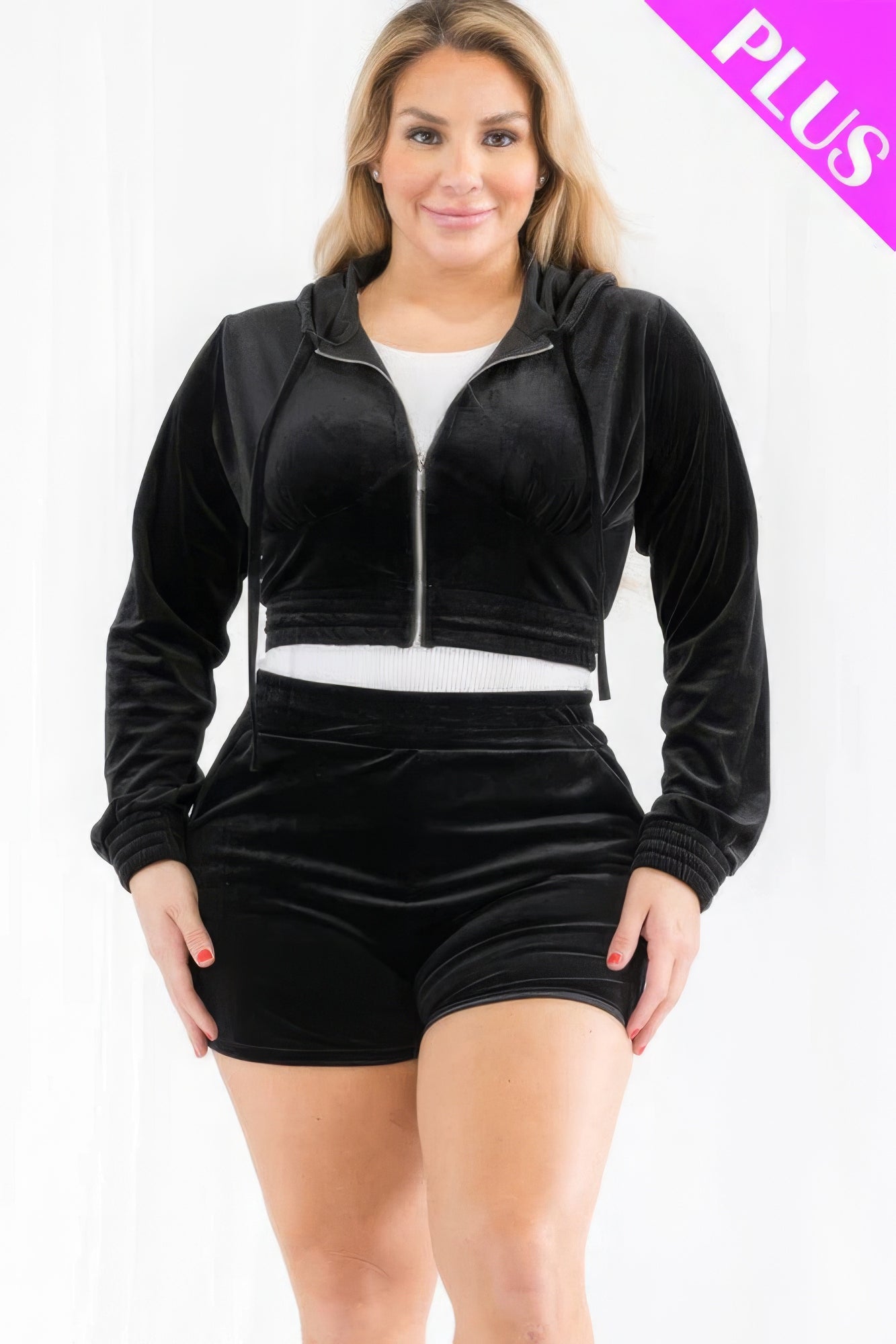 Plus Size Velour Crop Zip Up Hoodie And Shorts Set - ThingsWeUseAndLove 