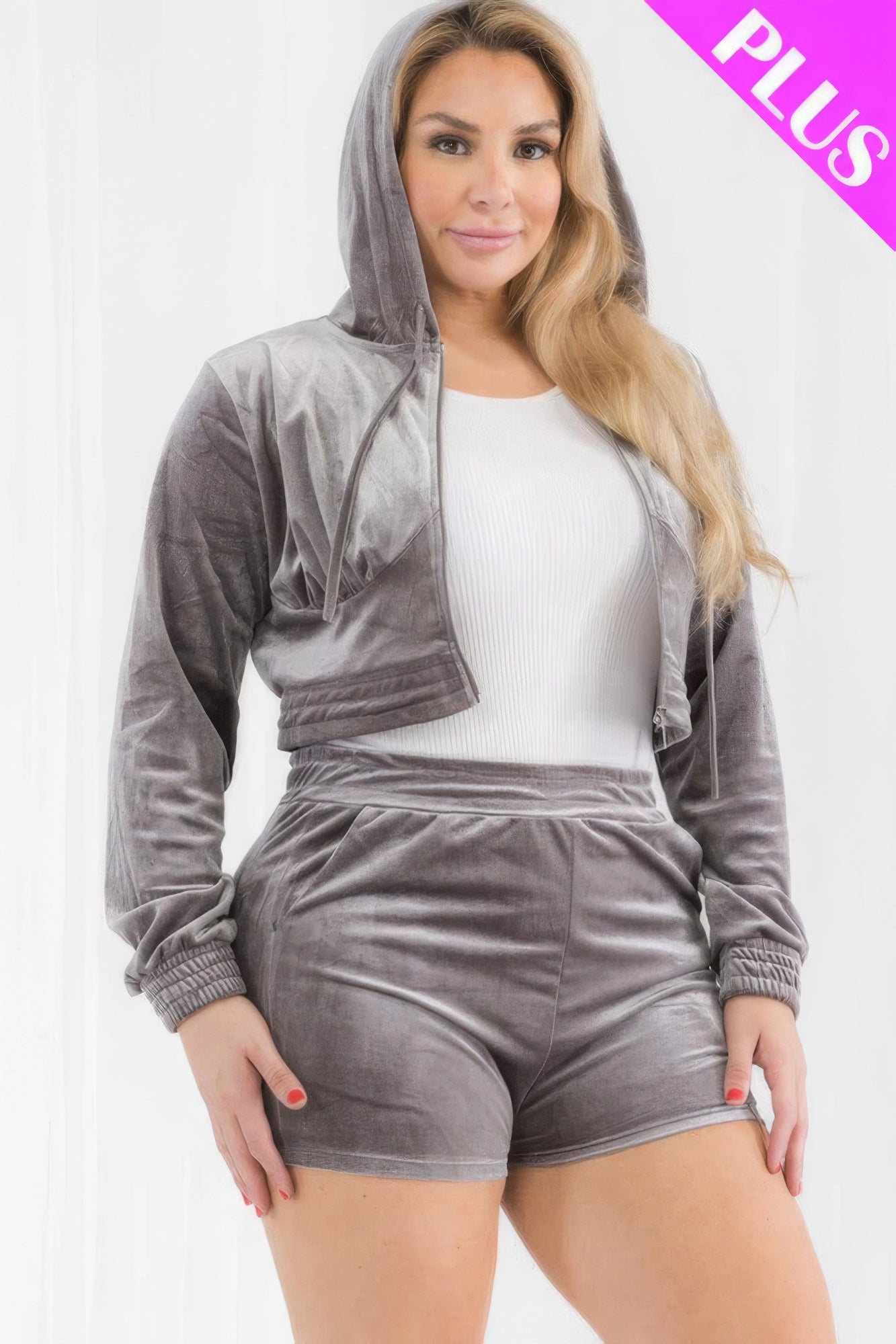 Plus Size Velour Crop Zip Up Hoodie And Shorts Set - ThingsWeUseAndLove 