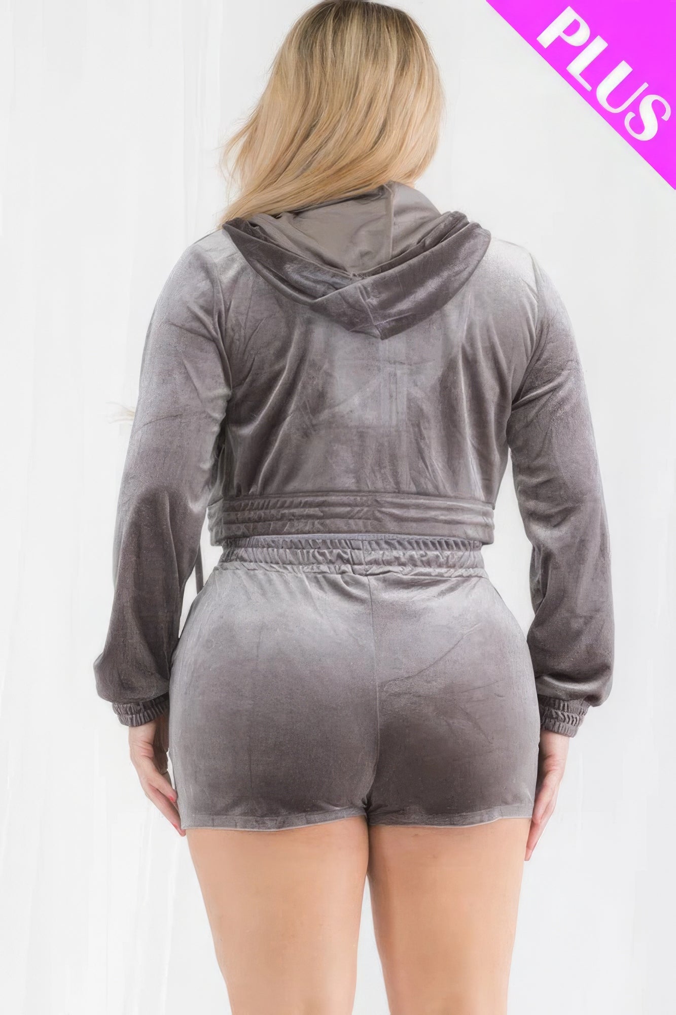 Plus Size Velour Crop Zip Up Hoodie And Shorts Set - ThingsWeUseAndLove 