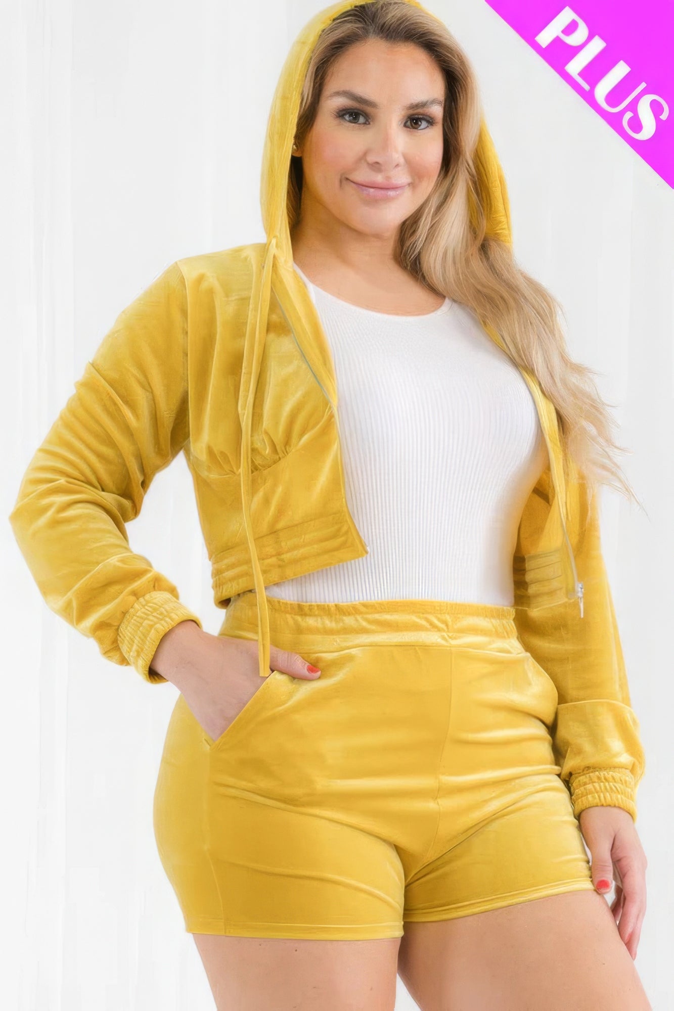 Plus Size Velour Crop Zip Up Hoodie And Shorts Set - ThingsWeUseAndLove 