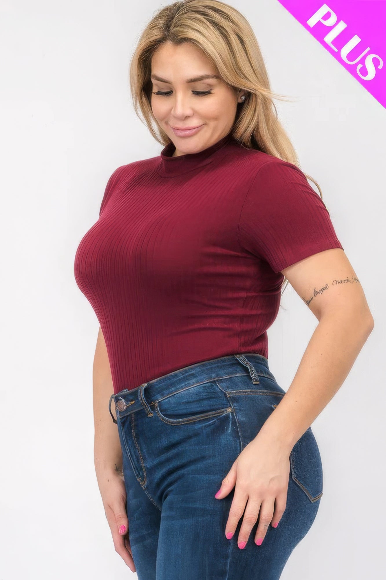 Plus Size Ribbed Short Sleeve Bodysuit - ThingsWeUseAndLove 