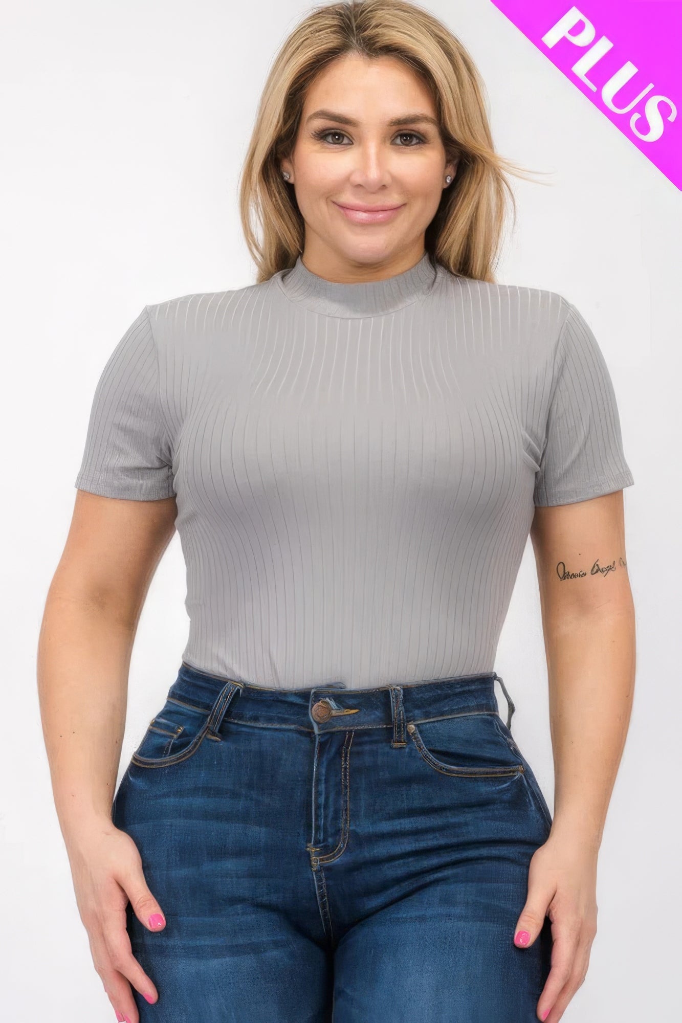 Plus Size Ribbed Short Sleeve Bodysuit - ThingsWeUseAndLove 