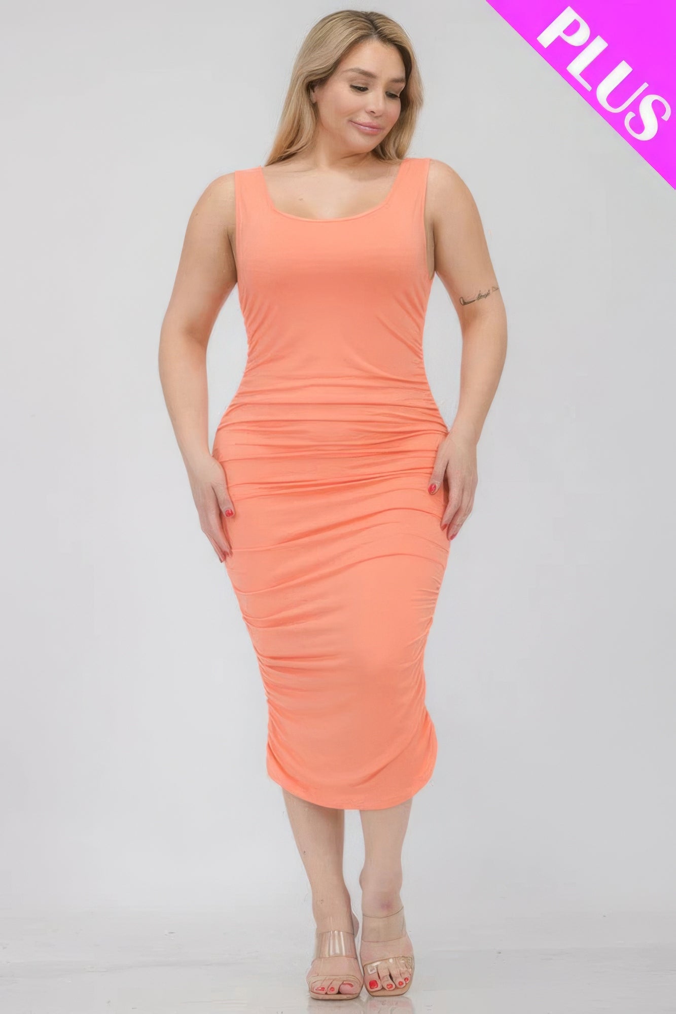 Plus Size Square Neck Ruched Bodycon Midi Dress - ThingsWeUseAndLove 