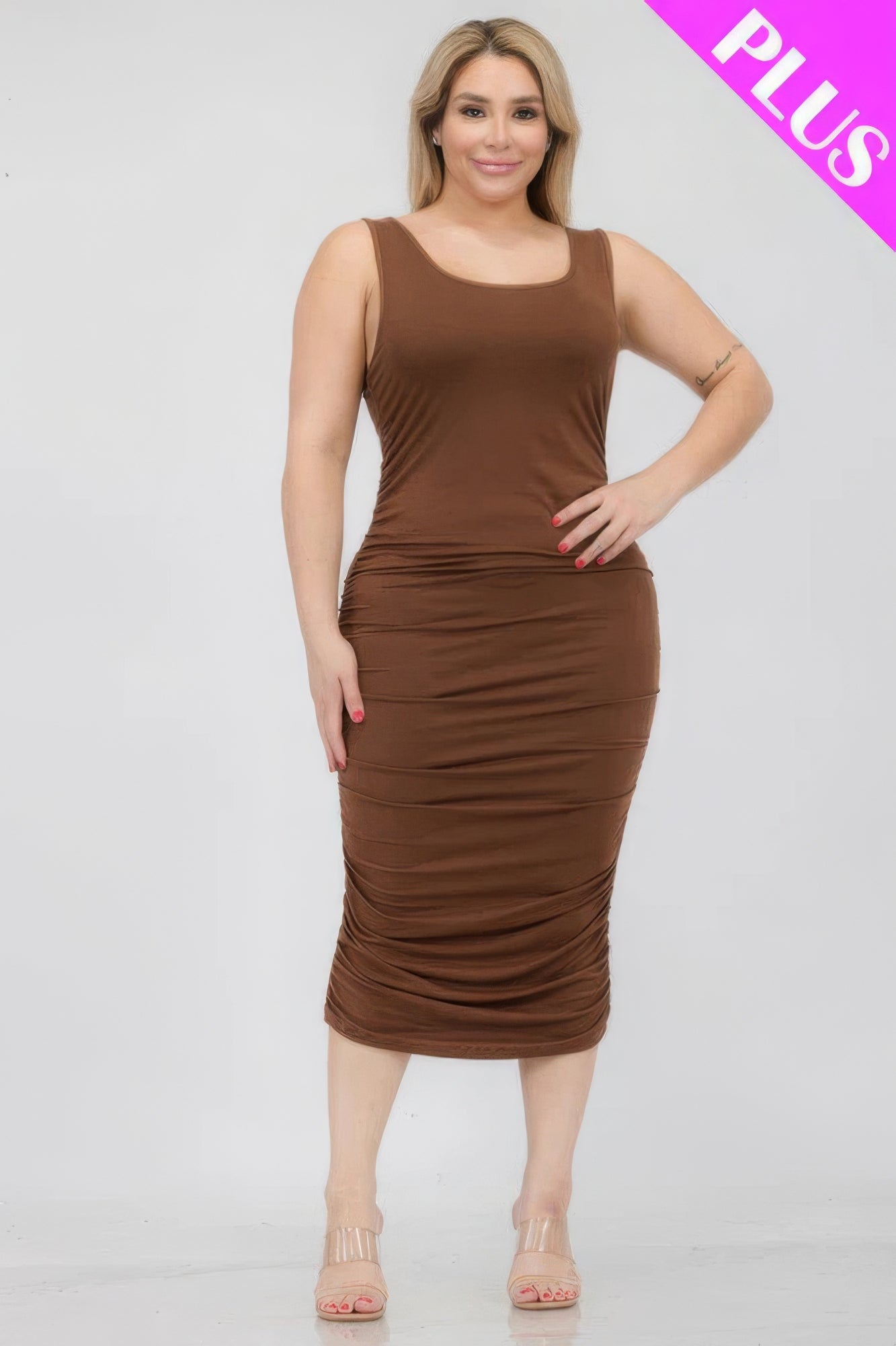 Plus Size Square Neck Ruched Bodycon Midi Dress - ThingsWeUseAndLove 