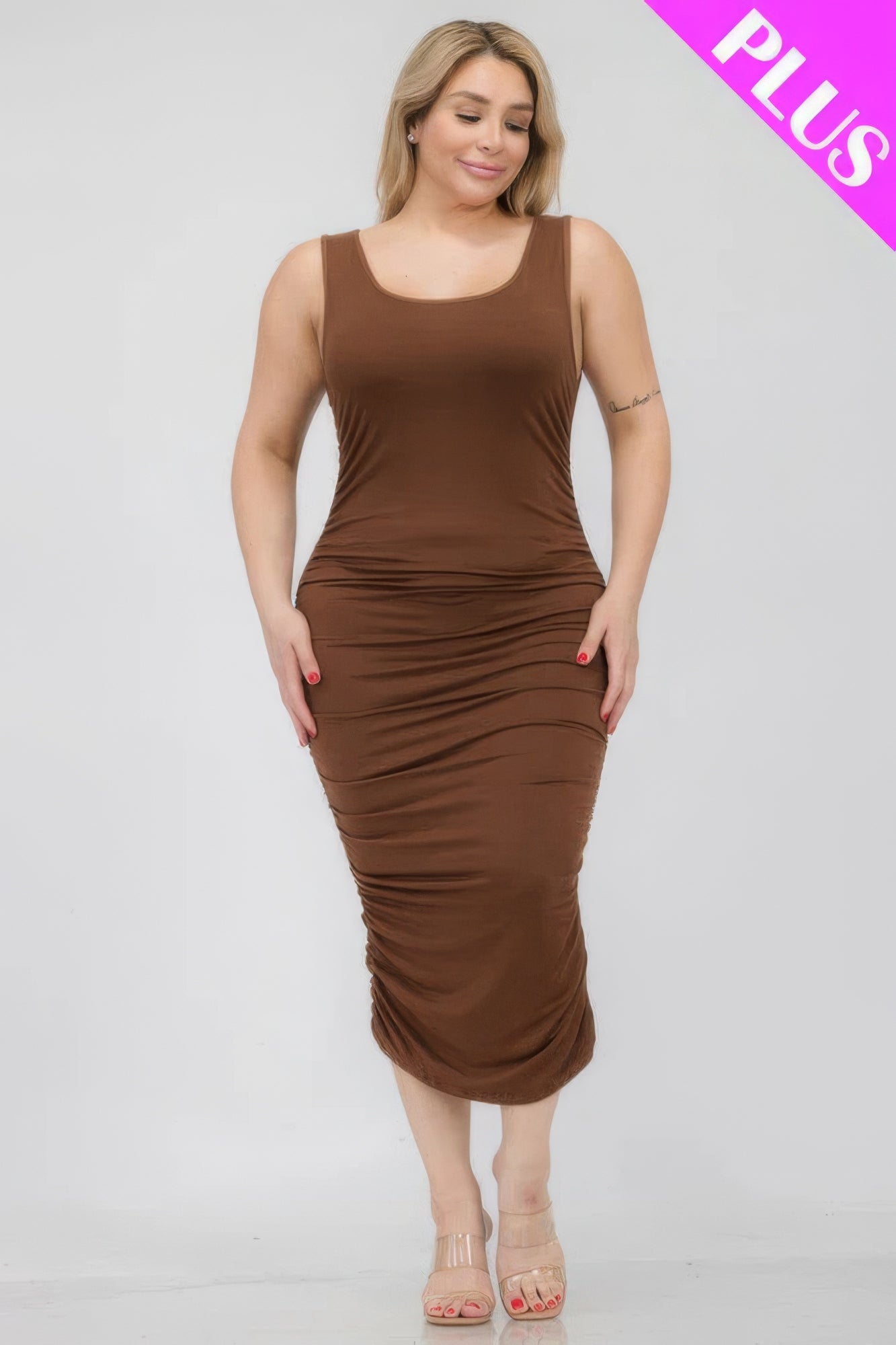 Plus Size Square Neck Ruched Bodycon Midi Dress - ThingsWeUseAndLove 