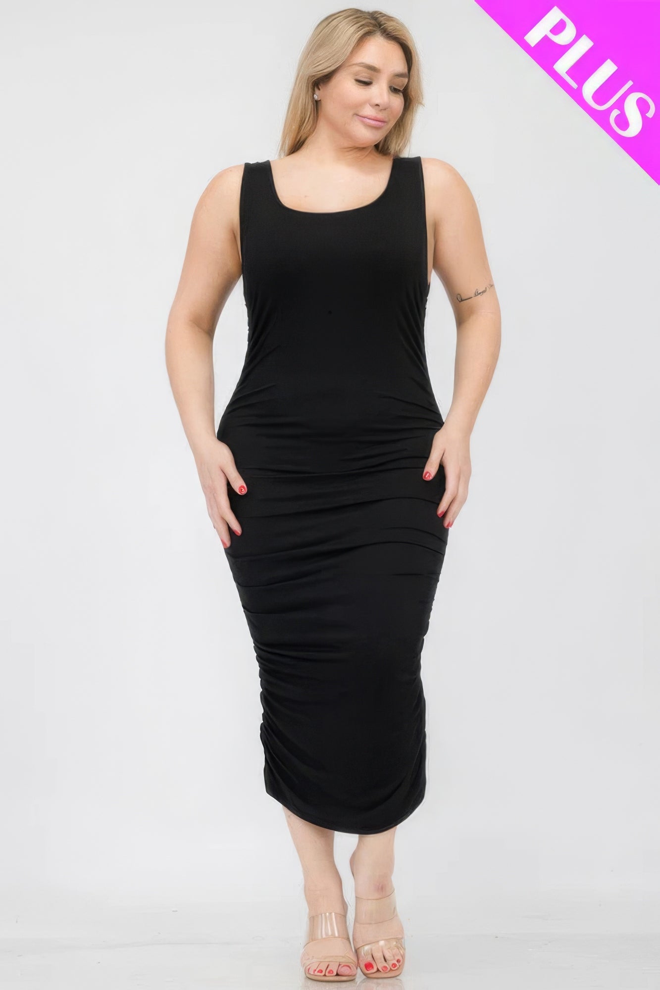 Plus Size Square Neck Ruched Bodycon Midi Dress - ThingsWeUseAndLove 
