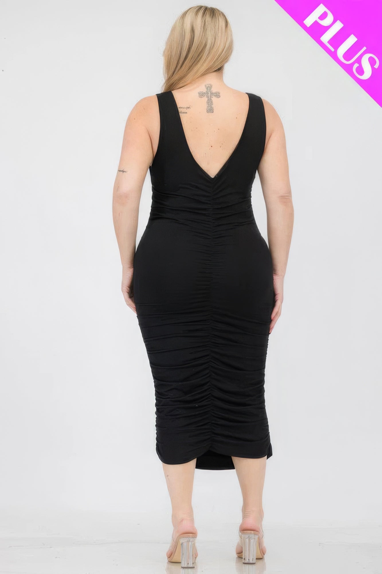 Plus Size Square Neck Ruched Bodycon Midi Dress - ThingsWeUseAndLove 