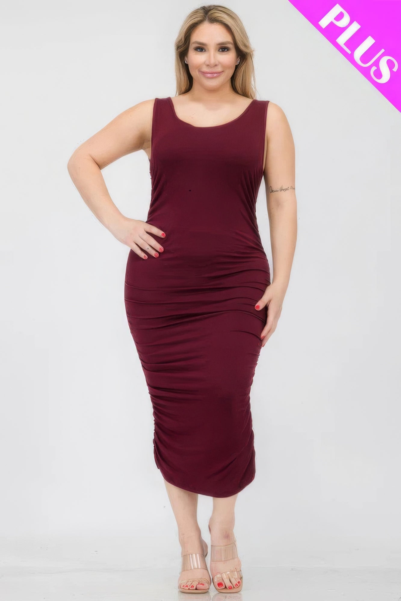 Plus Size Square Neck Ruched Bodycon Midi Dress - ThingsWeUseAndLove 