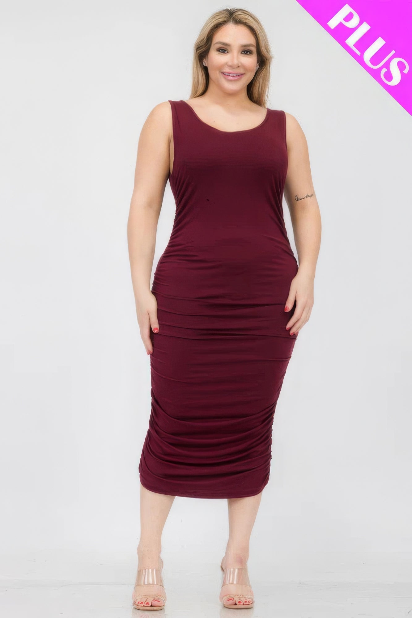 Plus Size Square Neck Ruched Bodycon Midi Dress - ThingsWeUseAndLove 