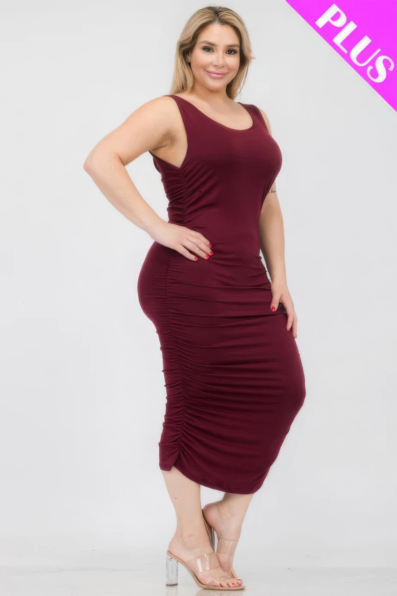 Plus Size Square Neck Ruched Bodycon Midi Dress - ThingsWeUseAndLove 