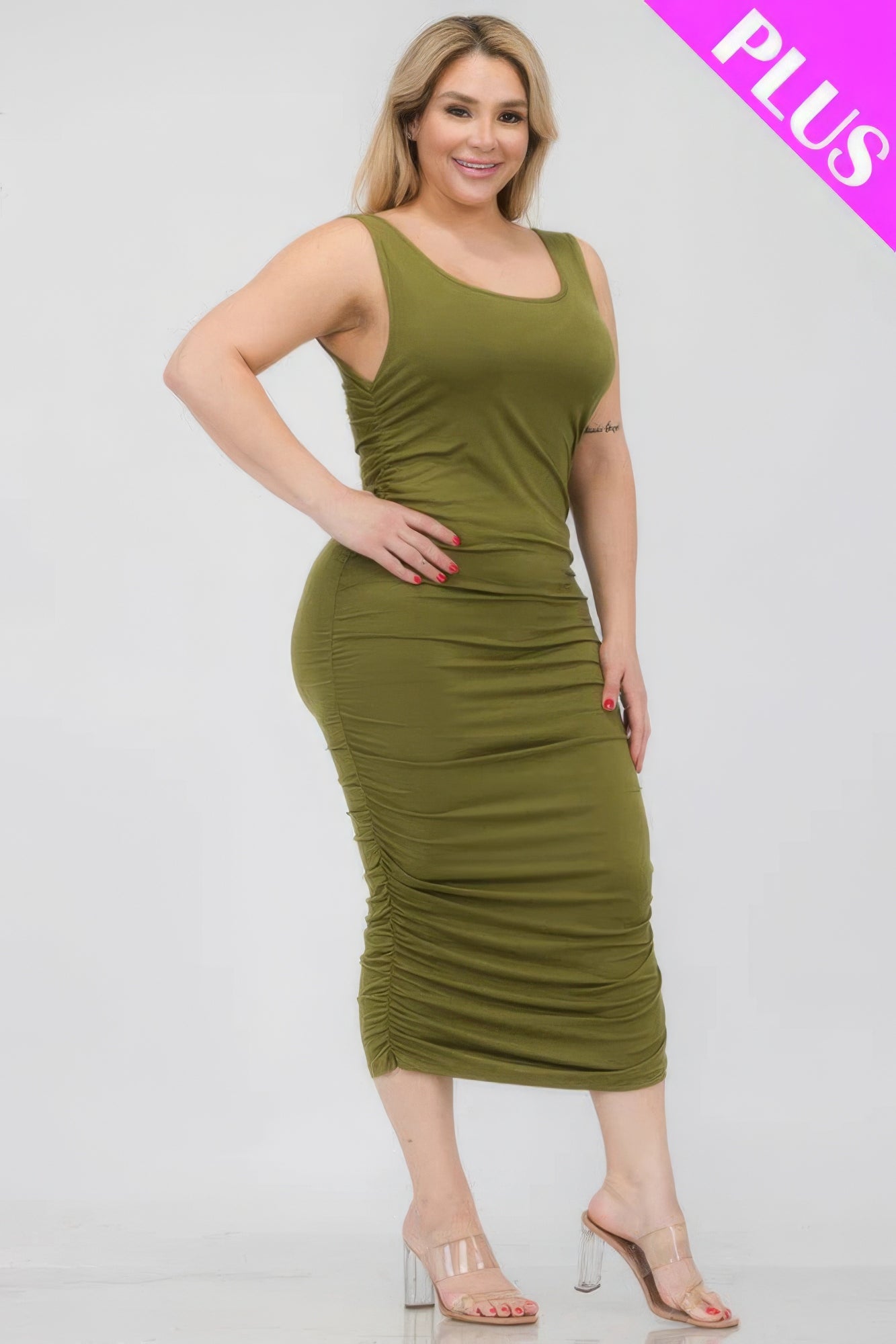 Plus Size Square Neck Ruched Bodycon Midi Dress - ThingsWeUseAndLove 