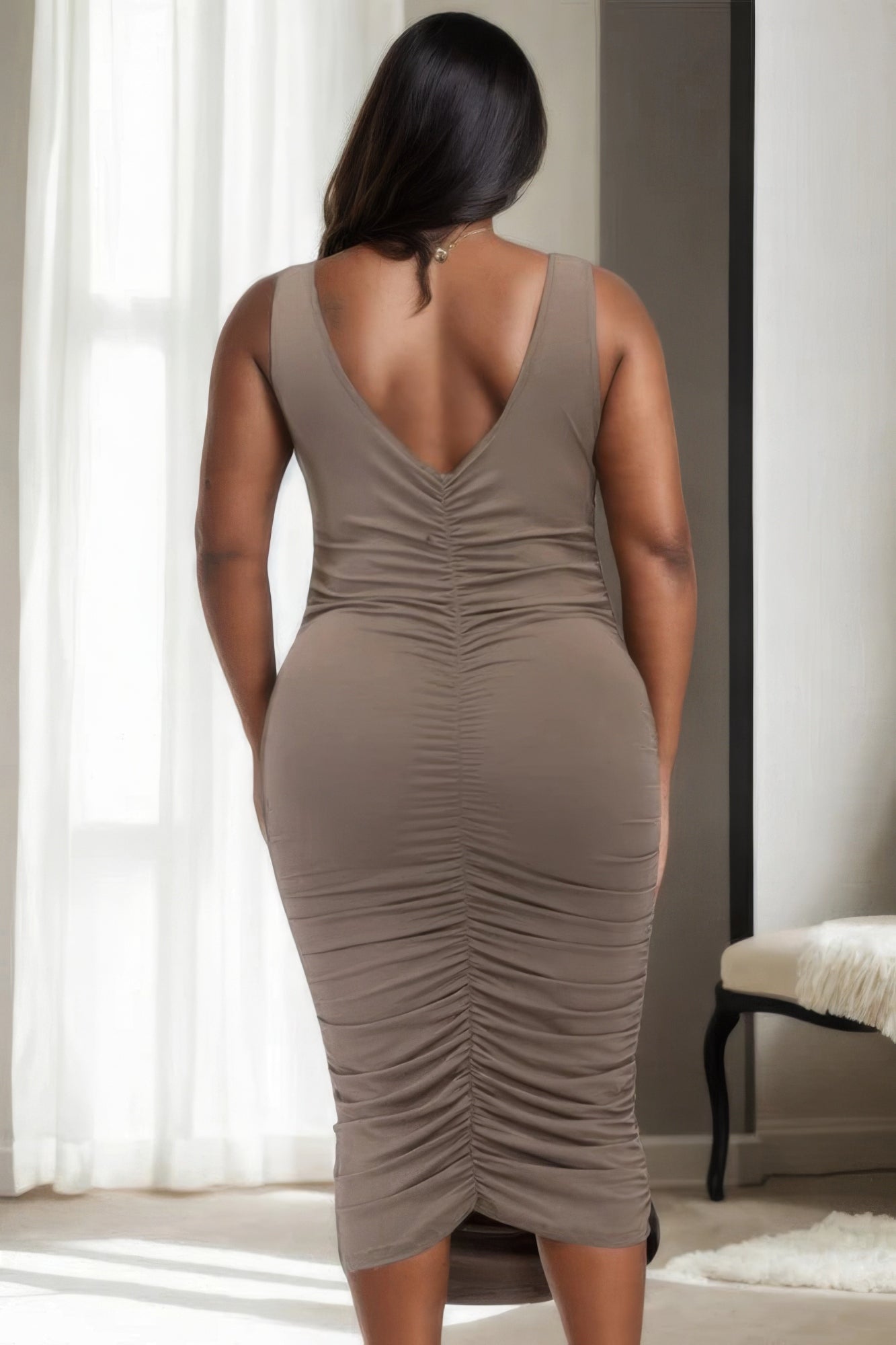 Plus Size Square Neck Ruched Bodycon Midi Dress - ThingsWeUseAndLove 