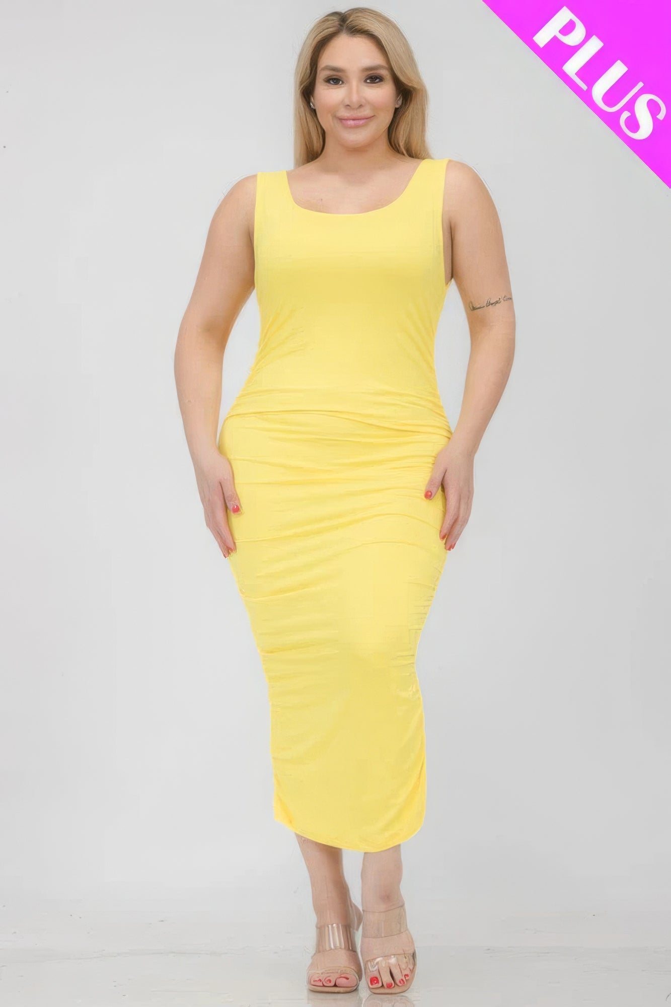 Plus Size Square Neck Ruched Bodycon Midi Dress - ThingsWeUseAndLove 