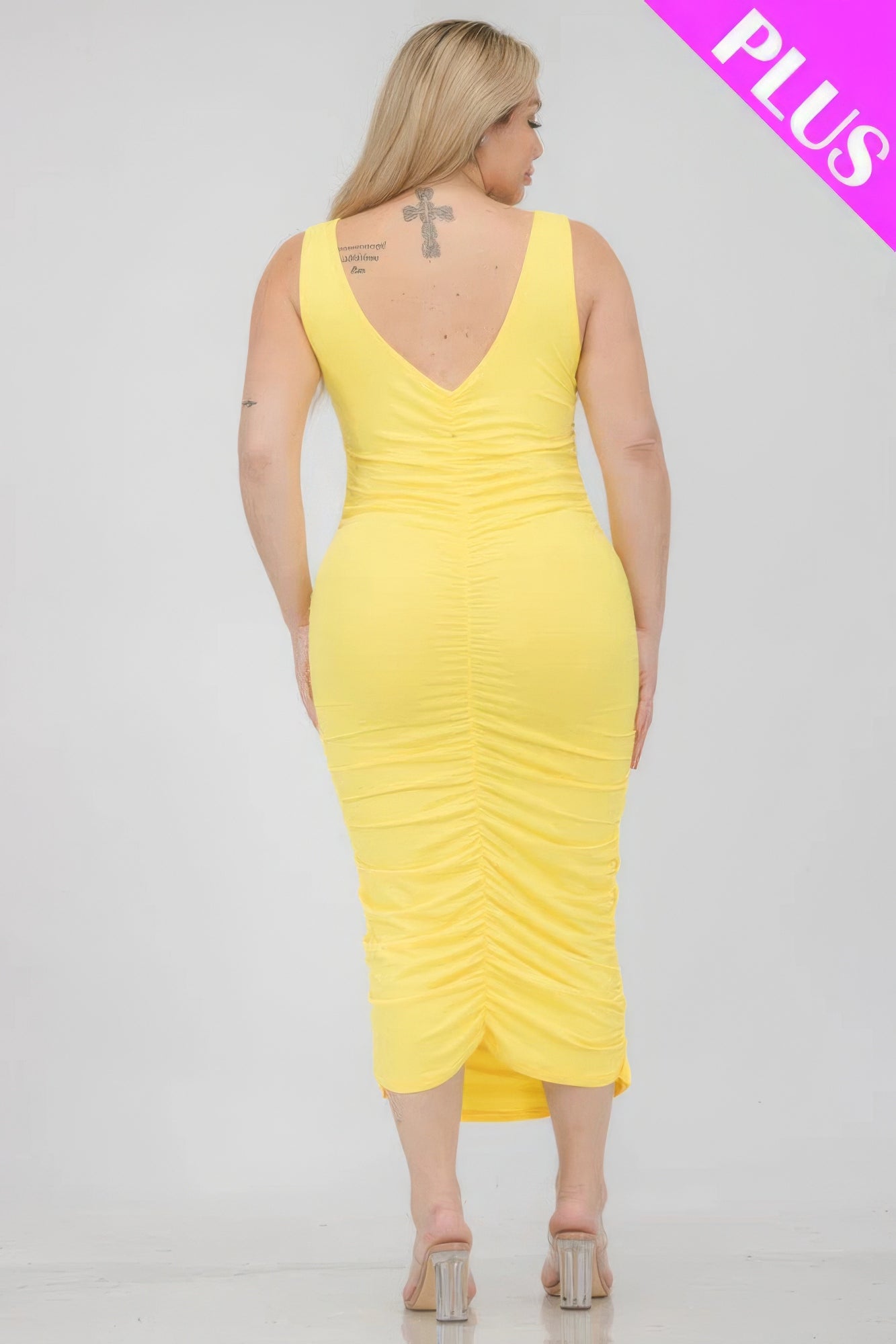Plus Size Square Neck Ruched Bodycon Midi Dress - ThingsWeUseAndLove 