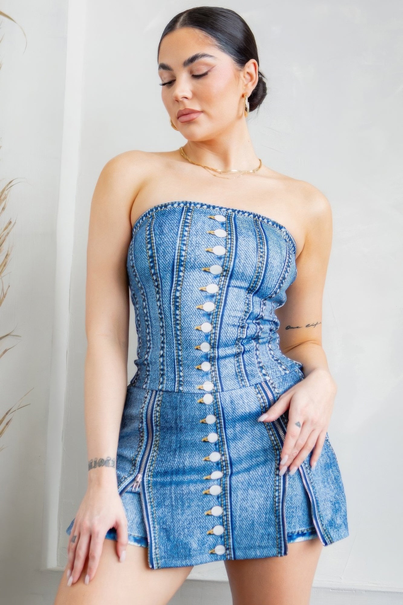 Denim Effect Corset Top & Bottom Set - ThingsWeUseAndLove 