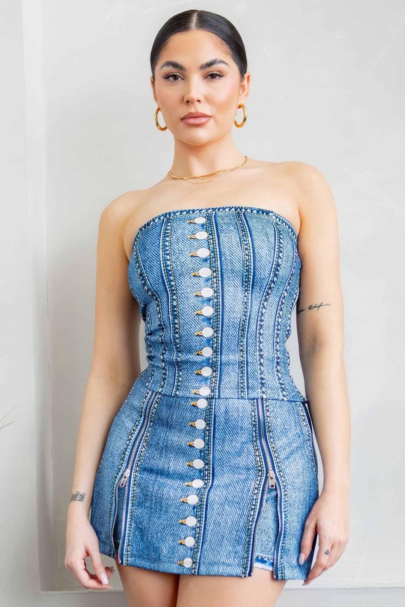 Denim Effect Corset Top & Bottom Set - ThingsWeUseAndLove 