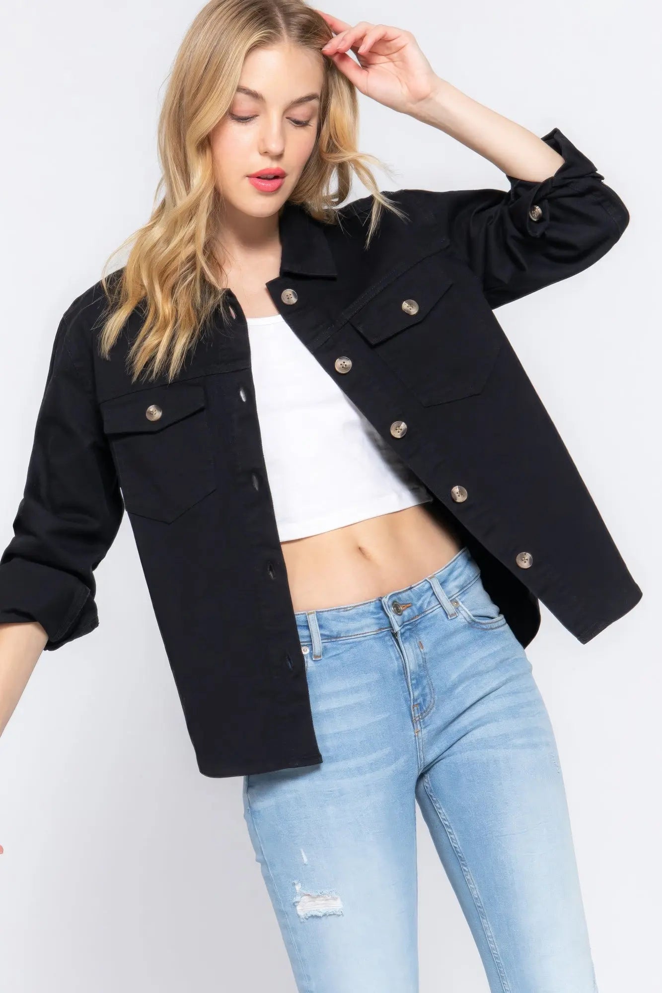 Button Down Cotton Denim Shacket - ThingsWeUseAndLove 