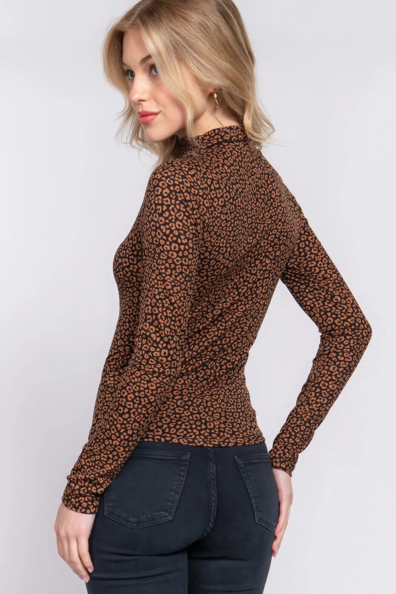 Long Slv High Neck Animal Print Knit Top - ThingsWeUseAndLove 