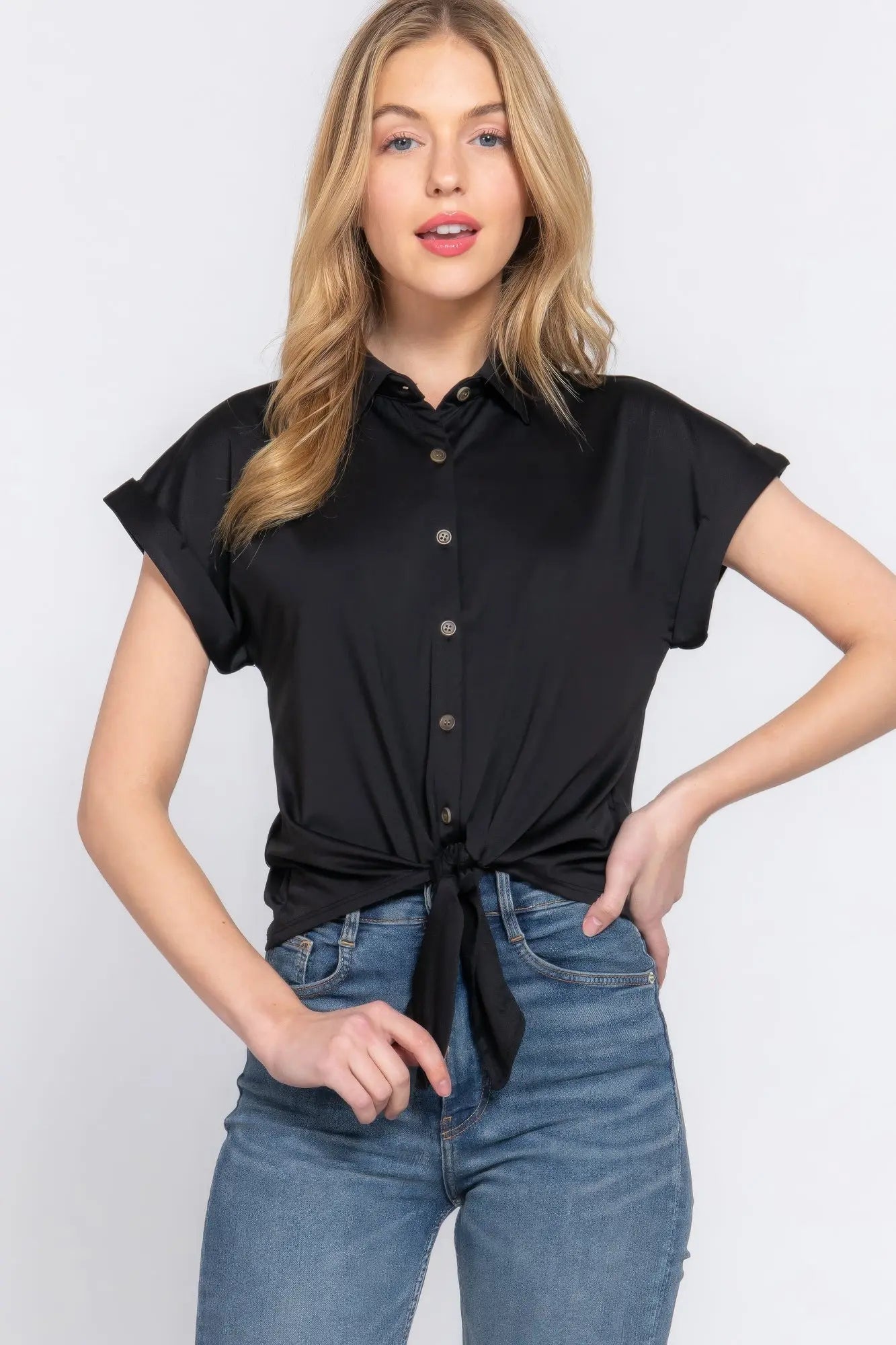 Short Slv Front Tie Stretch Ity  Top - ThingsWeUseAndLove 