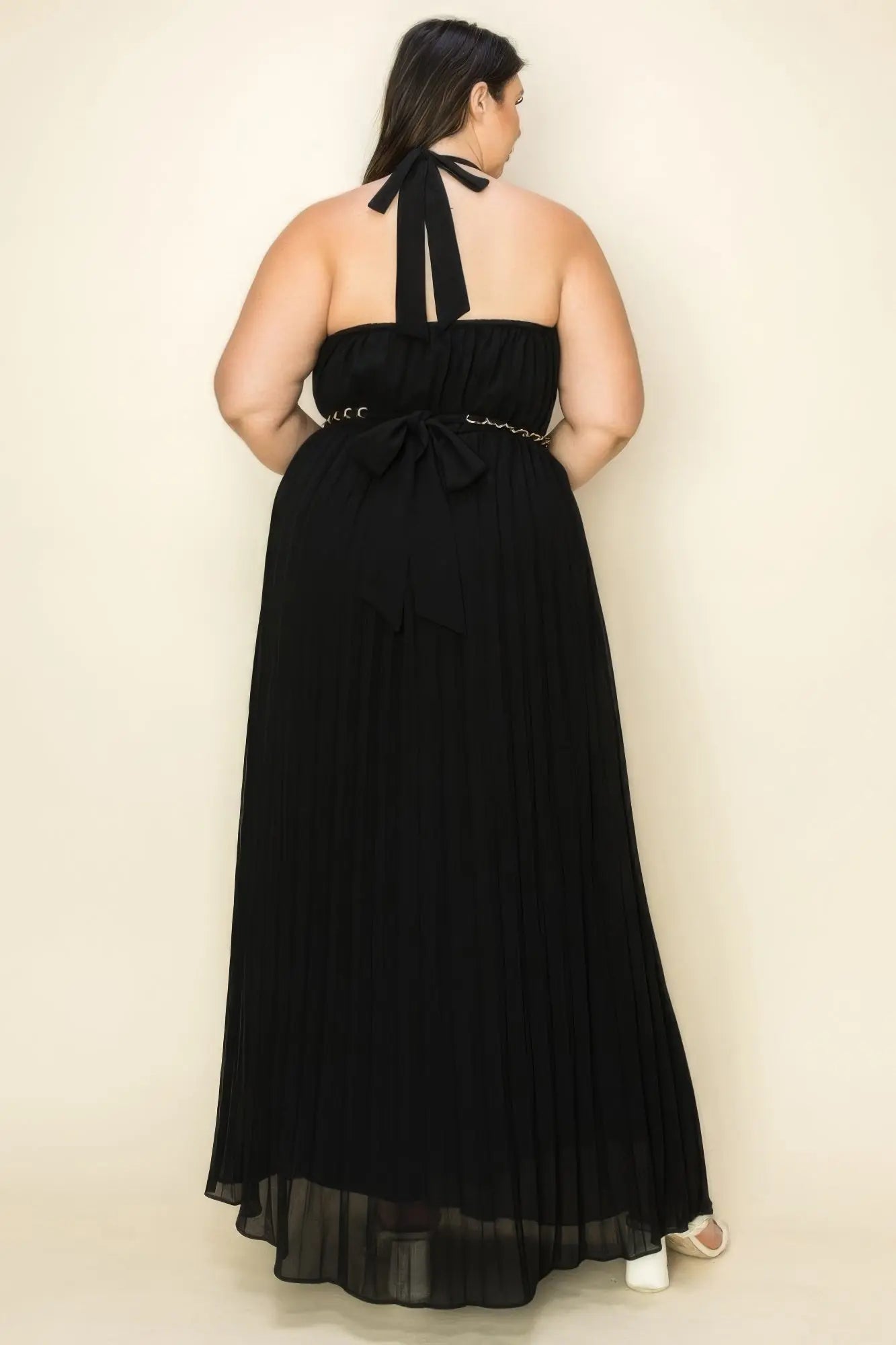 Chiffon Pleated Gold Trim Neck & Belt Cut Out Chest Maxi Dress - ThingsWeUseAndLove 