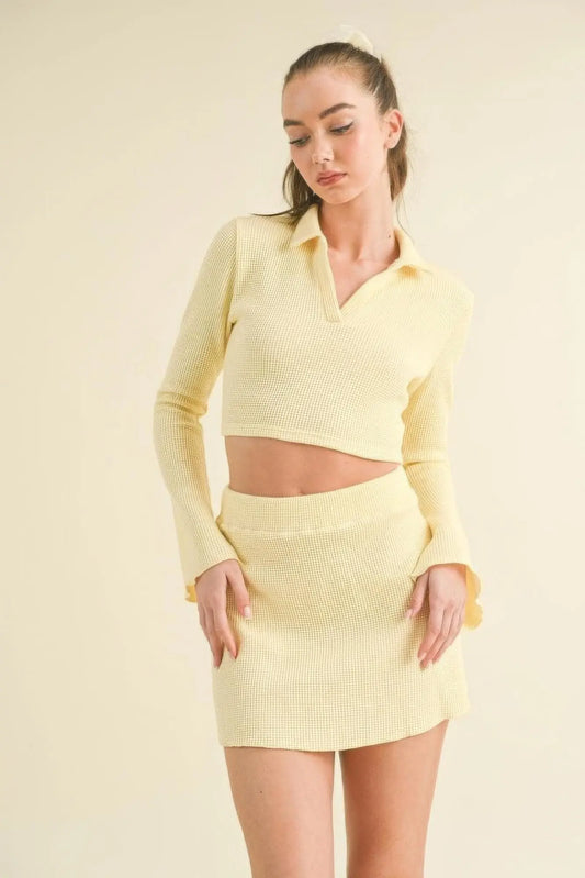 Waffle Knit Bell Sleeve Top And Skirt Set - ThingsWeUseAndLove 