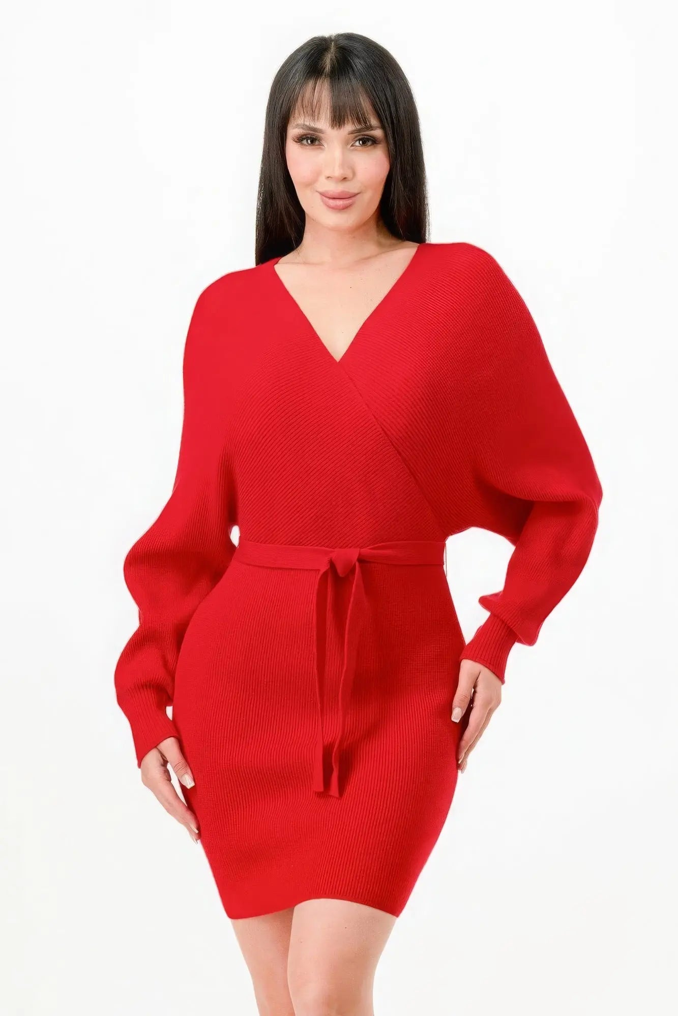 Off Shoulder Wrap Belted Ribbed Sweather Dress - ThingsWeUseAndLove 