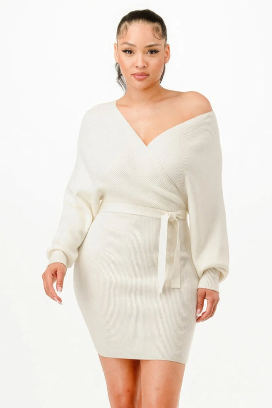 Off Shoulder Wrap Belted Ribbed Sweather Dress - ThingsWeUseAndLove 