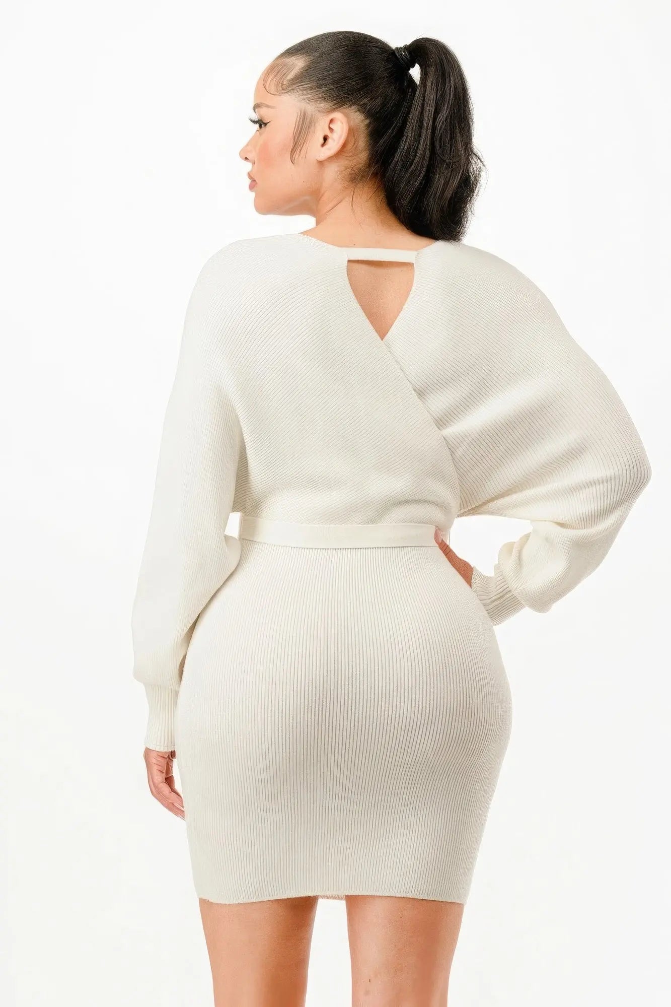 Off Shoulder Wrap Belted Ribbed Sweather Dress - ThingsWeUseAndLove 