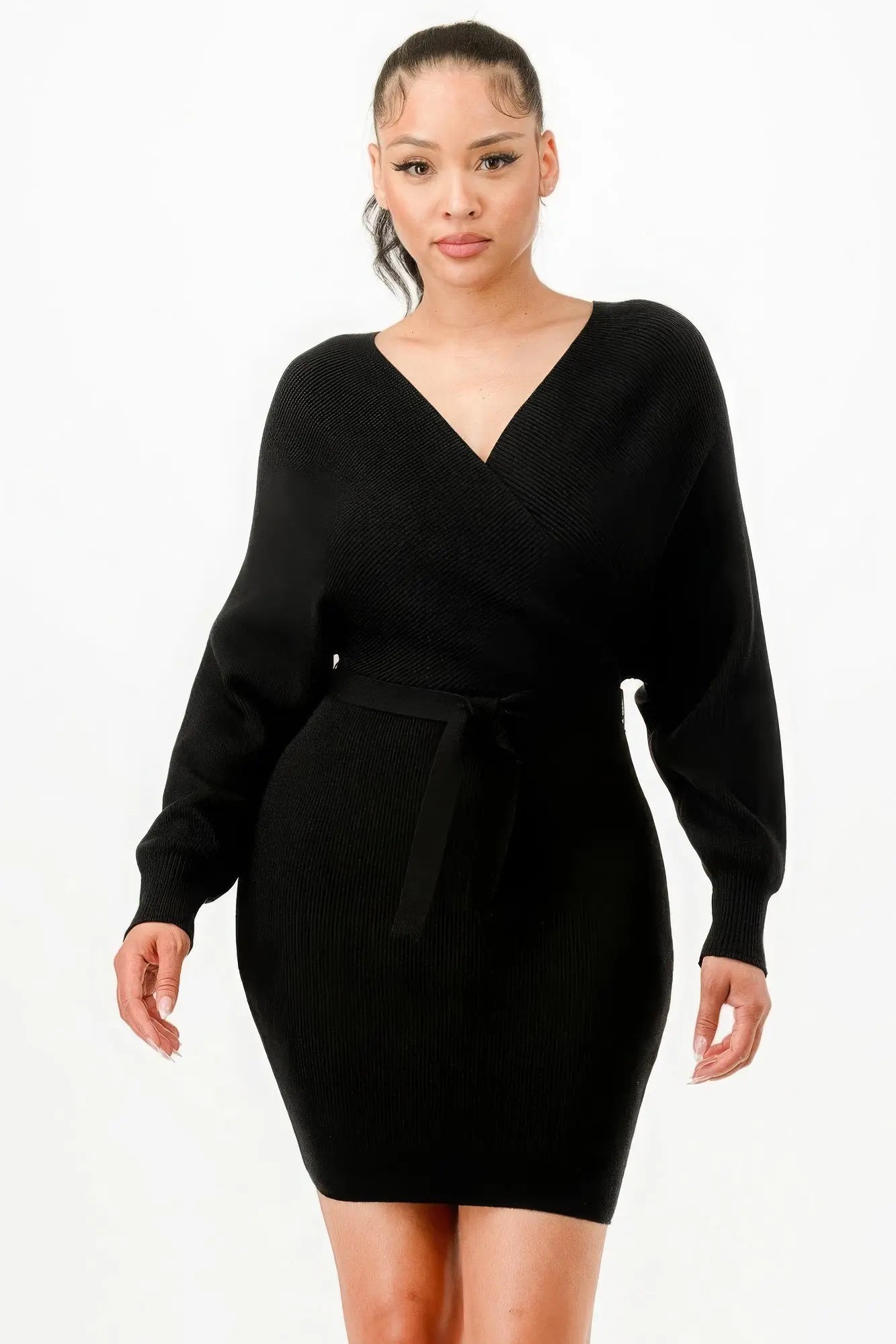 Off Shoulder Wrap Belted Ribbed Sweather Dress - ThingsWeUseAndLove 