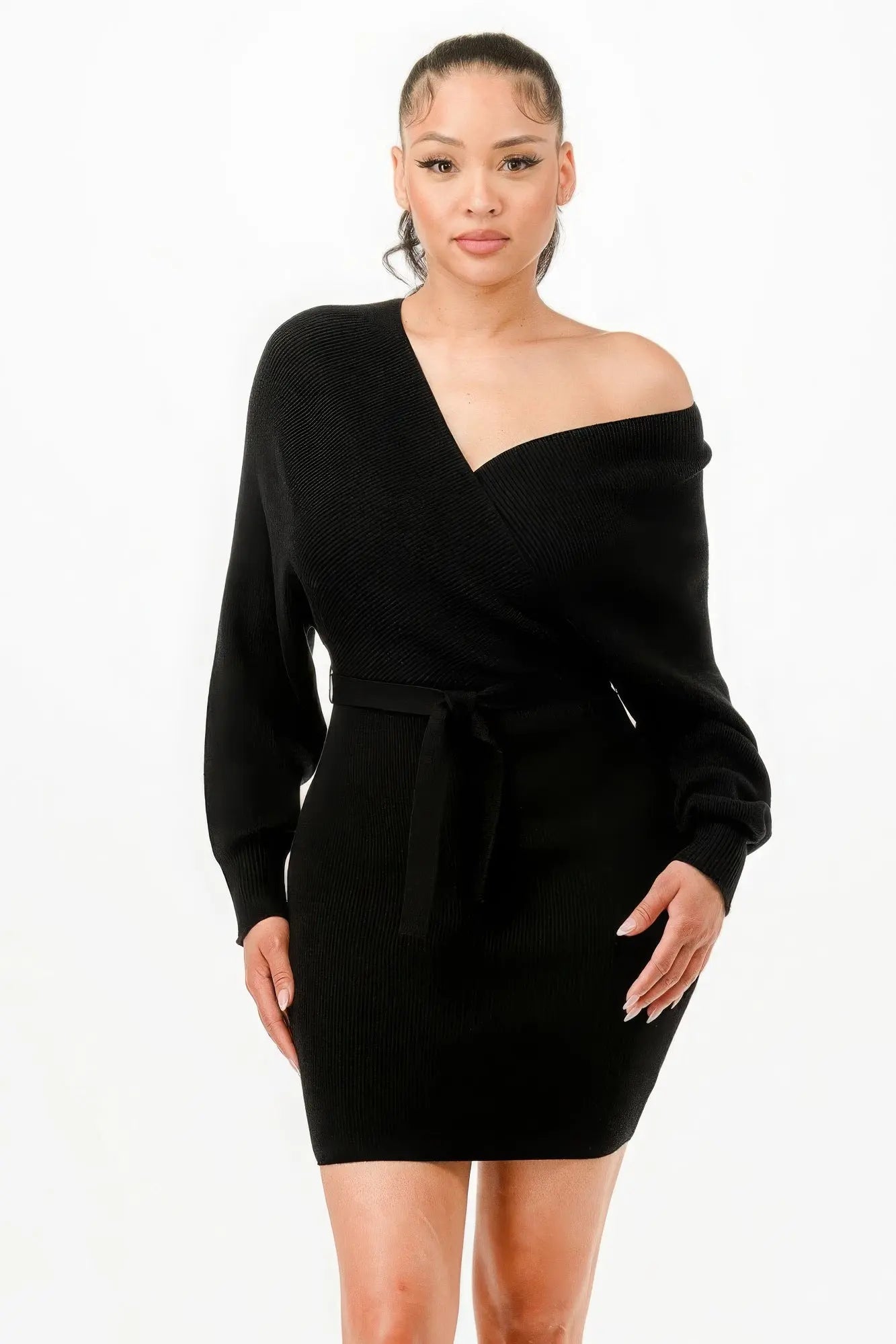 Off Shoulder Wrap Belted Ribbed Sweather Dress - ThingsWeUseAndLove 