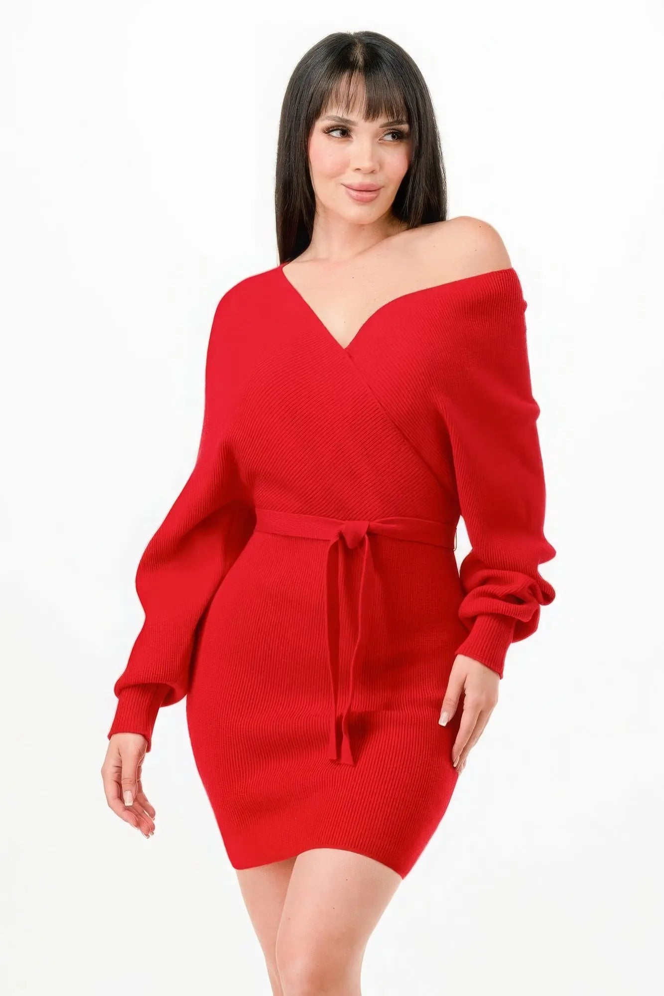 Off Shoulder Wrap Belted Ribbed Sweather Dress - ThingsWeUseAndLove 