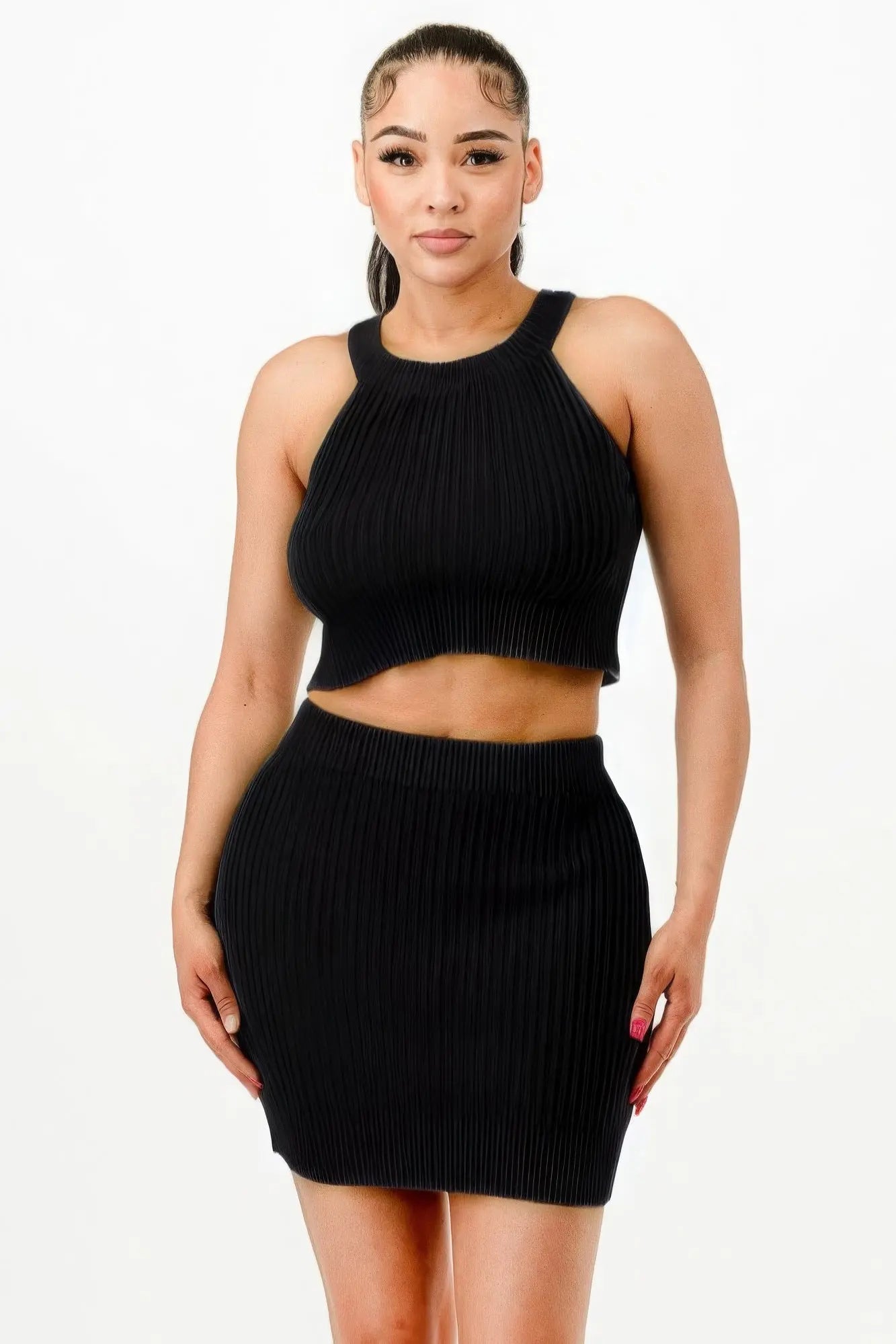 Halter Neck Tank Top And Bodycon Mini Skirt Set - ThingsWeUseAndLove 