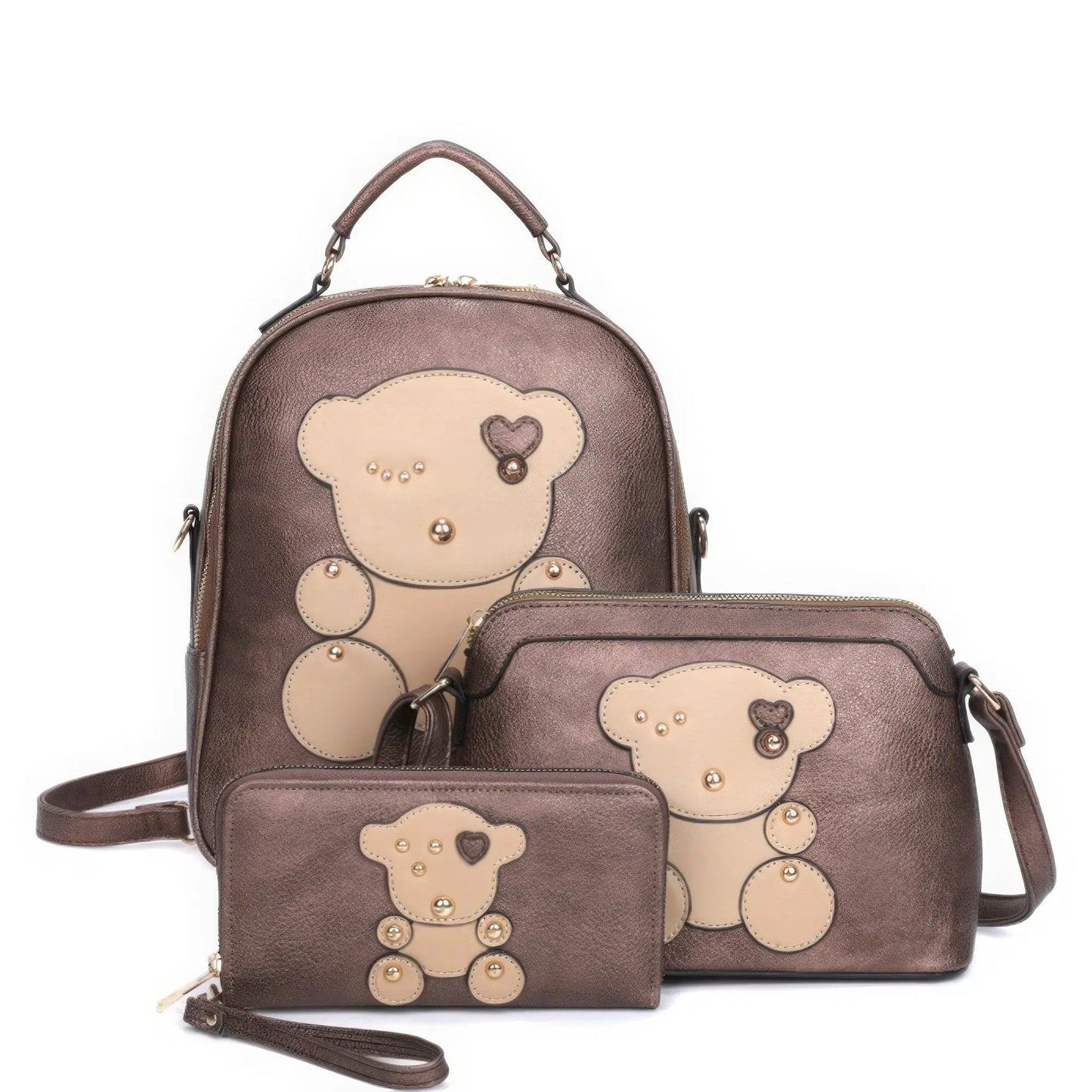 3in1 Cute Bear Design Handle Backpack W Crossbody And Wallet Set - ThingsWeUseAndLove 