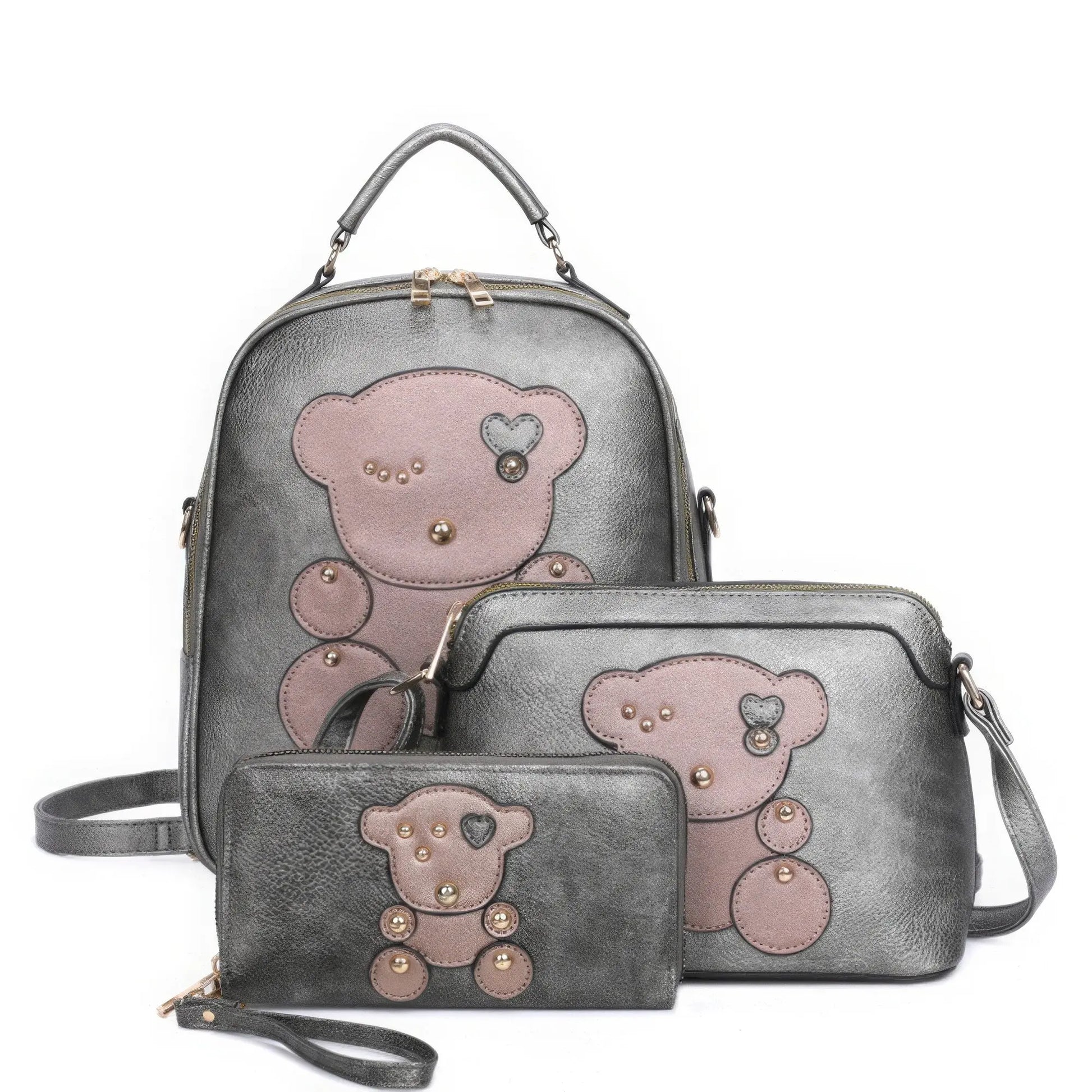 3in1 Cute Bear Design Handle Backpack W Crossbody And Wallet Set - ThingsWeUseAndLove 