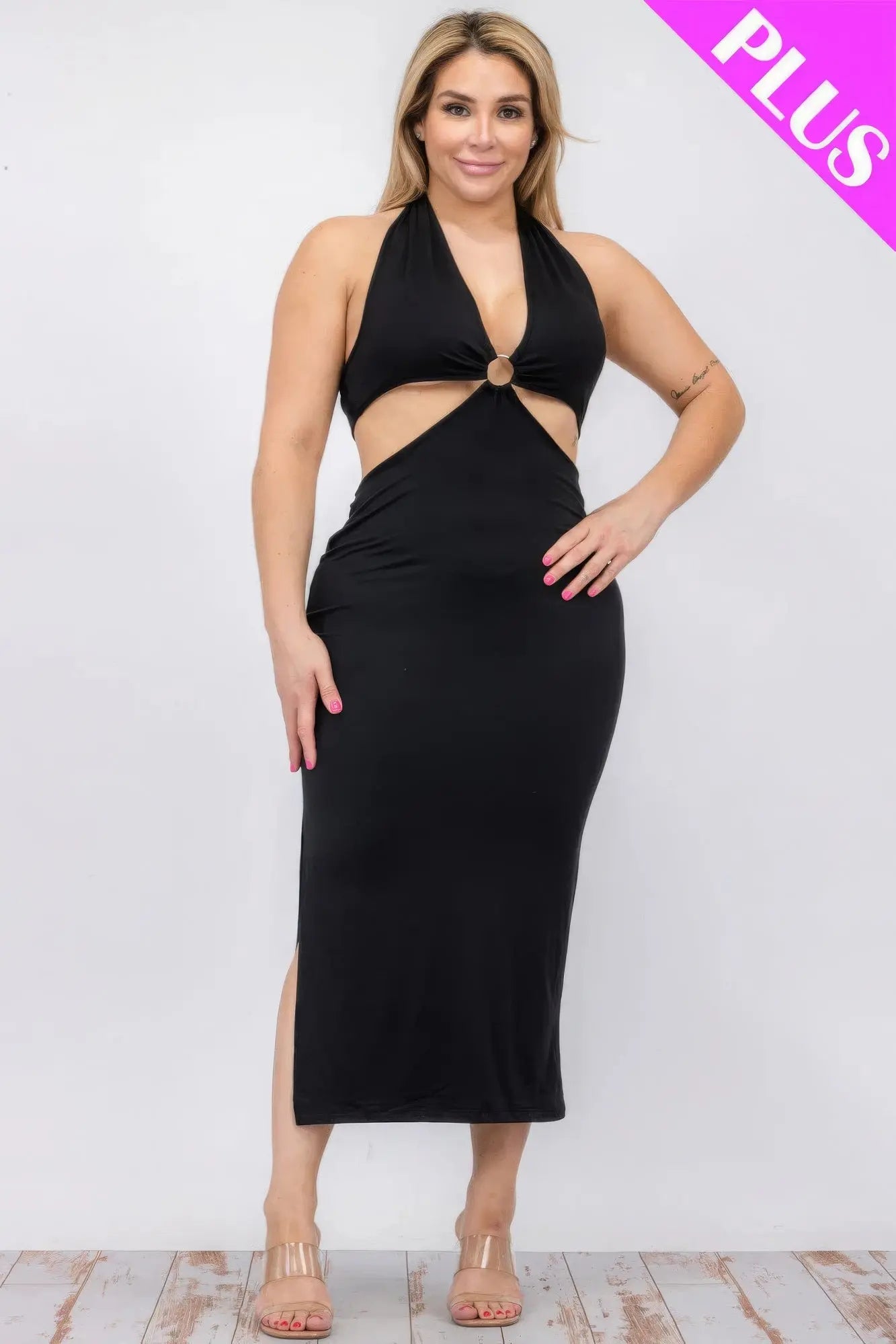 Plus Size Cut-out Halter Neck Double Back Tie Split Thigh Midi Dress - ThingsWeUseAndLove 