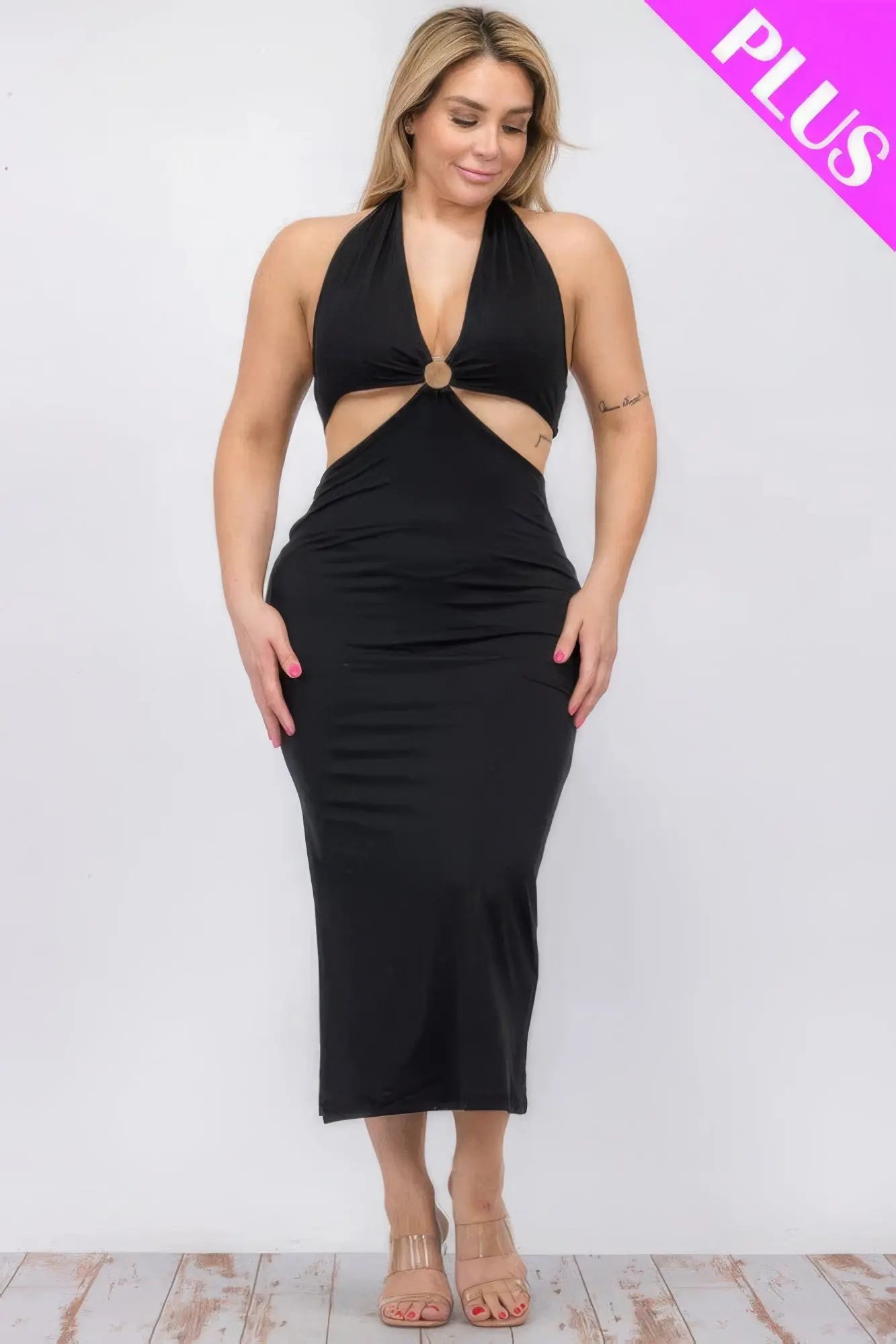 Plus Size Cut-out Halter Neck Double Back Tie Split Thigh Midi Dress - ThingsWeUseAndLove 