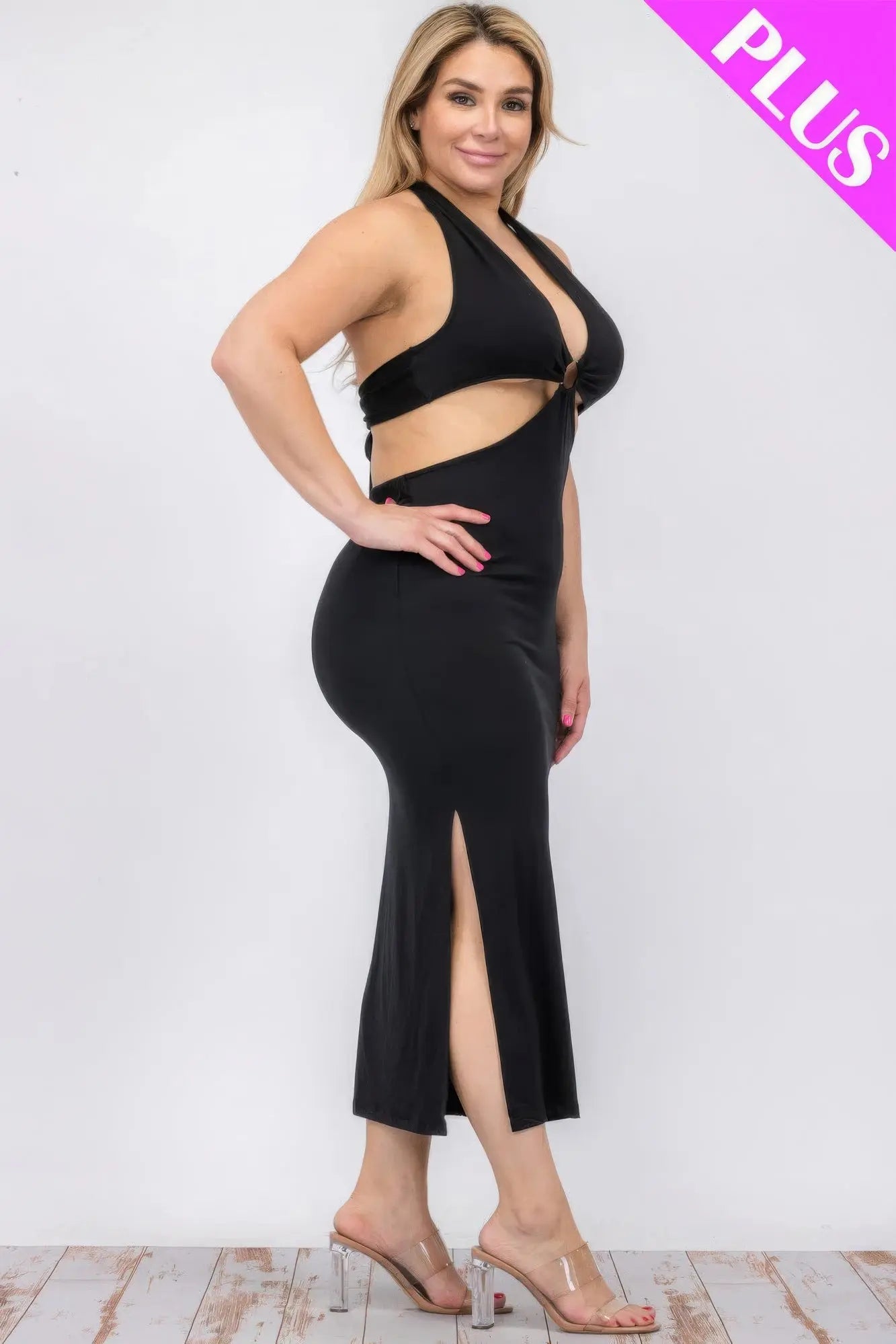 Plus Size Cut-out Halter Neck Double Back Tie Split Thigh Midi Dress - ThingsWeUseAndLove 